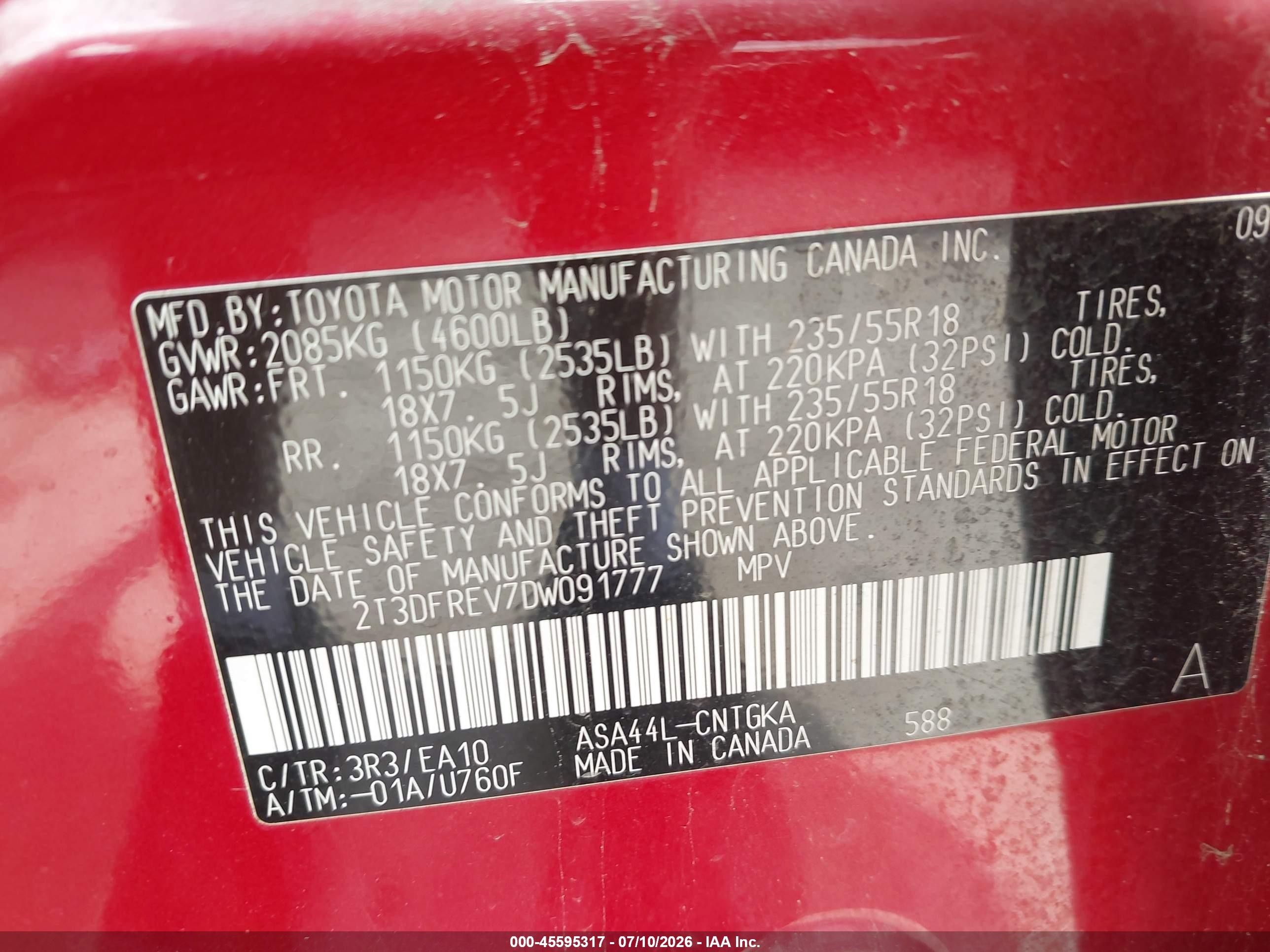 2013 Toyota Rav4 Limited Red vin: 2T3DFREV7DW091777