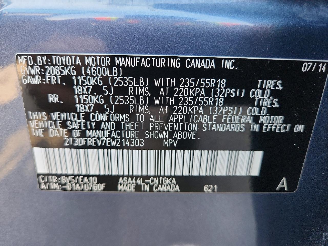 2014 Toyota Rav4 Limited Blue vin: 2T3DFREV7EW214303