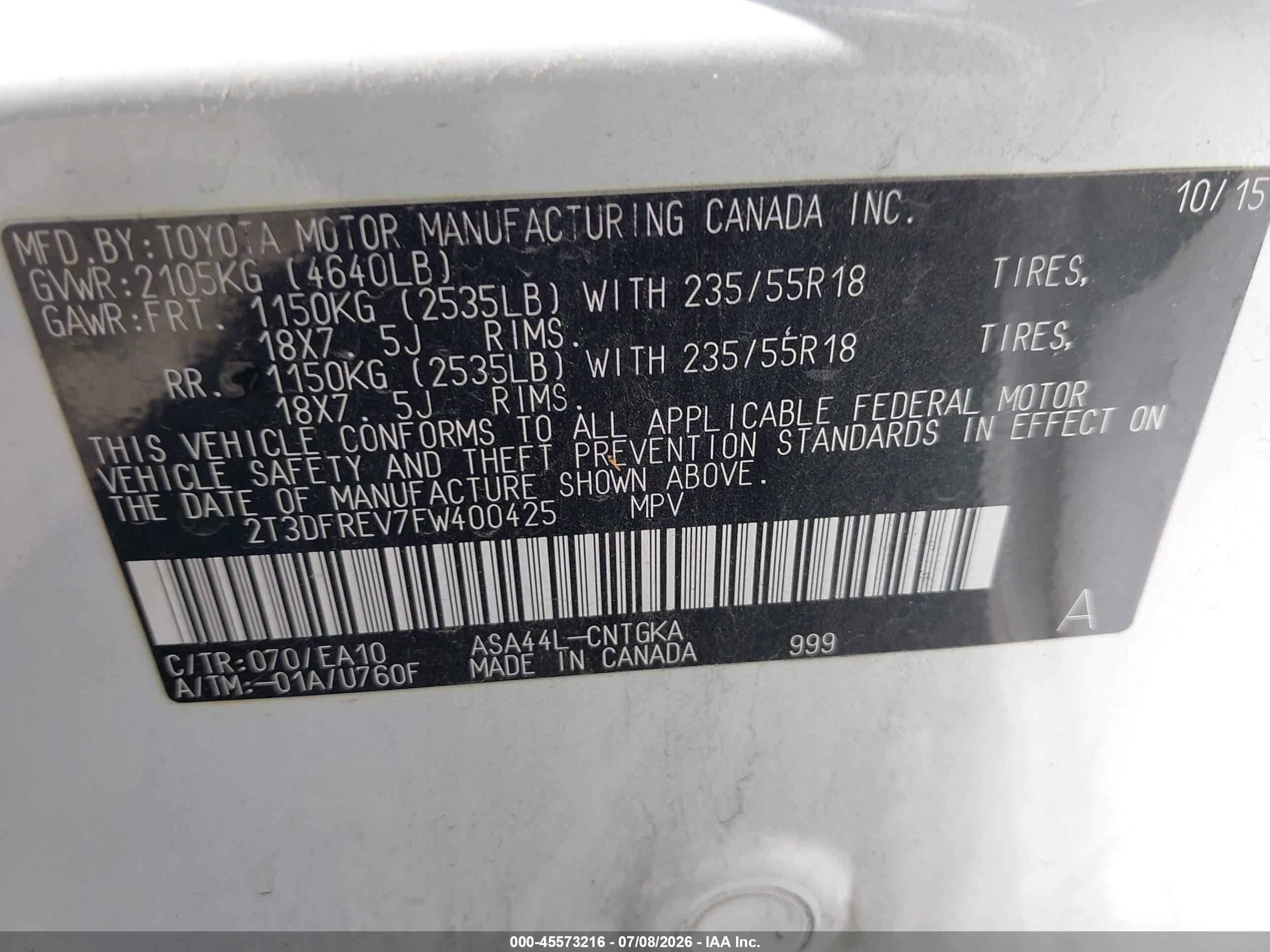 2015 Toyota Rav4 Limited White vin: 2T3DFREV7FW400425