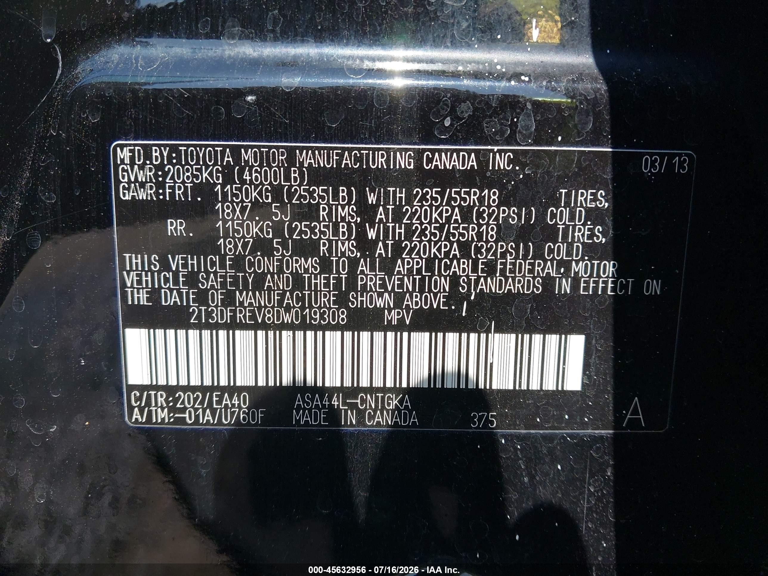 2013 Toyota Rav4 Limited Black vin: 2T3DFREV8DW019308