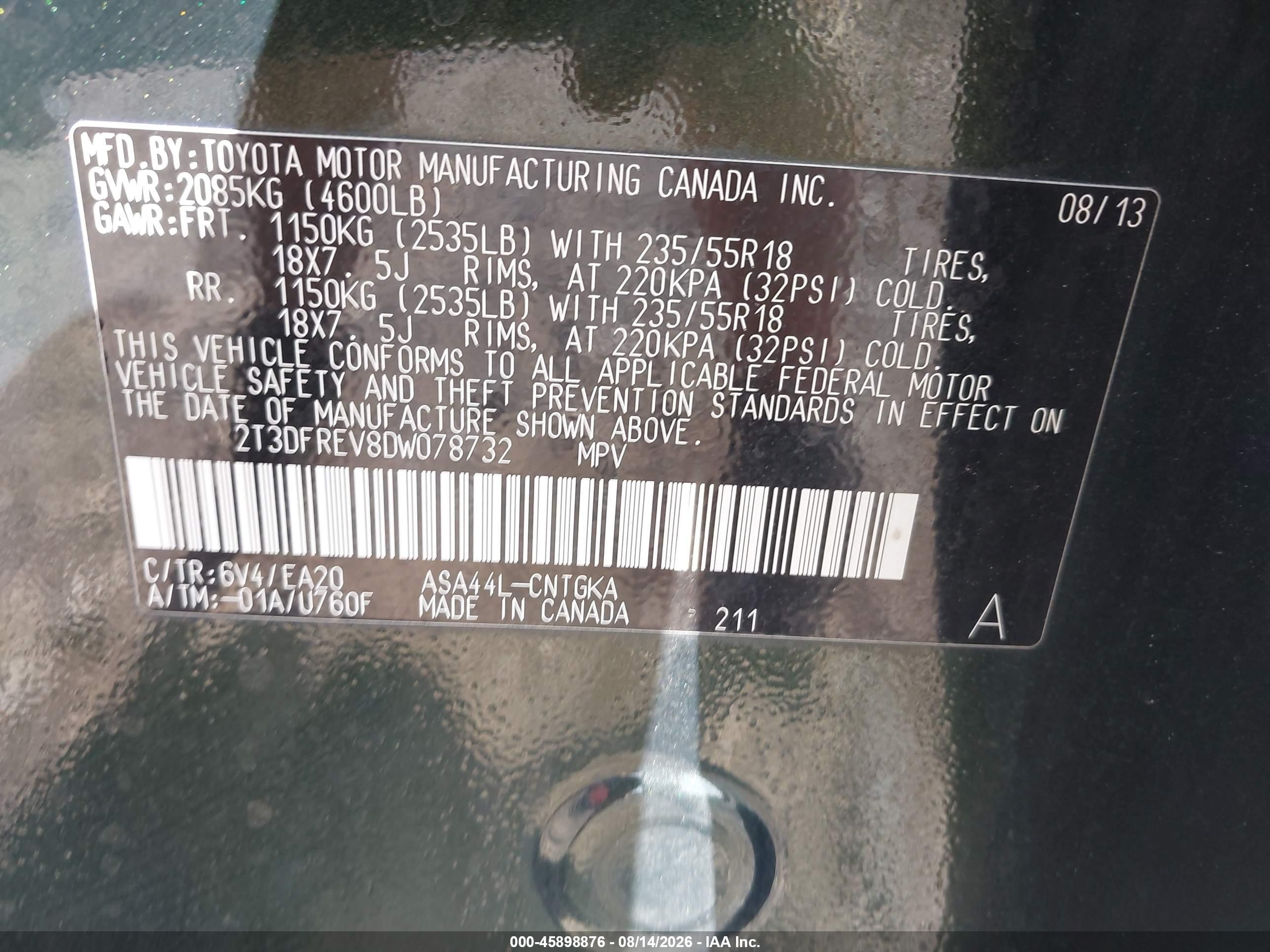 2013 Toyota Rav4 Limited Green vin: 2T3DFREV8DW078732