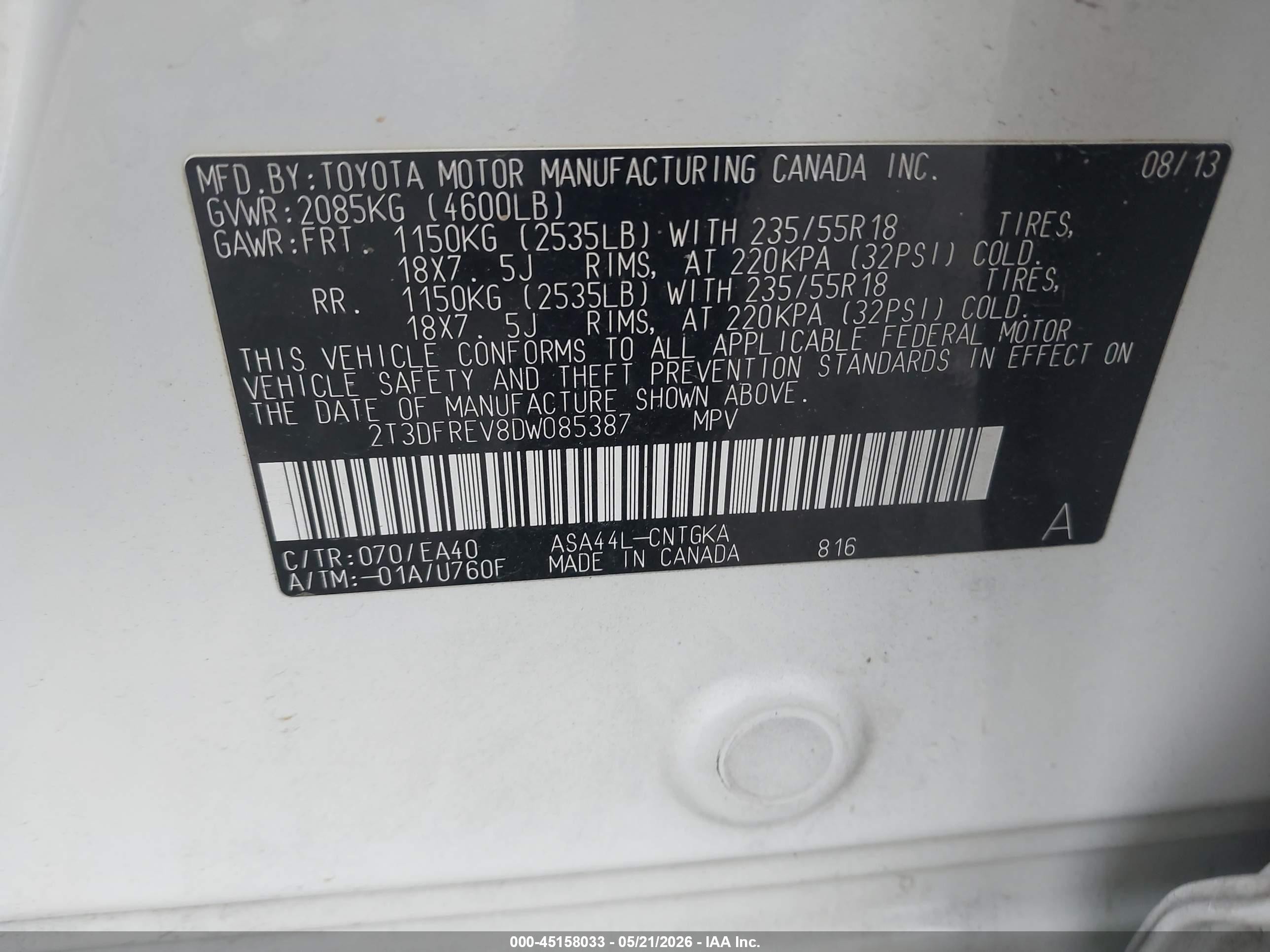 2013 Toyota Rav4 Limited White vin: 2T3DFREV8DW085387