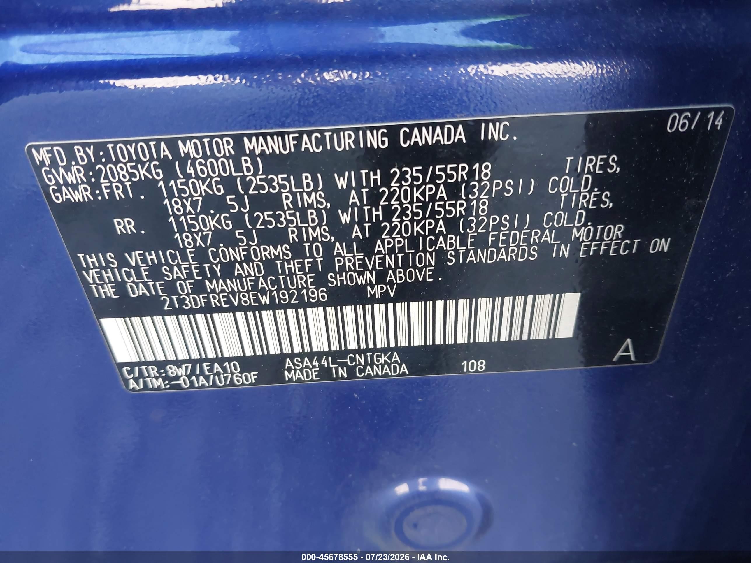 2014 Toyota Rav4 Limited Blue vin: 2T3DFREV8EW192196