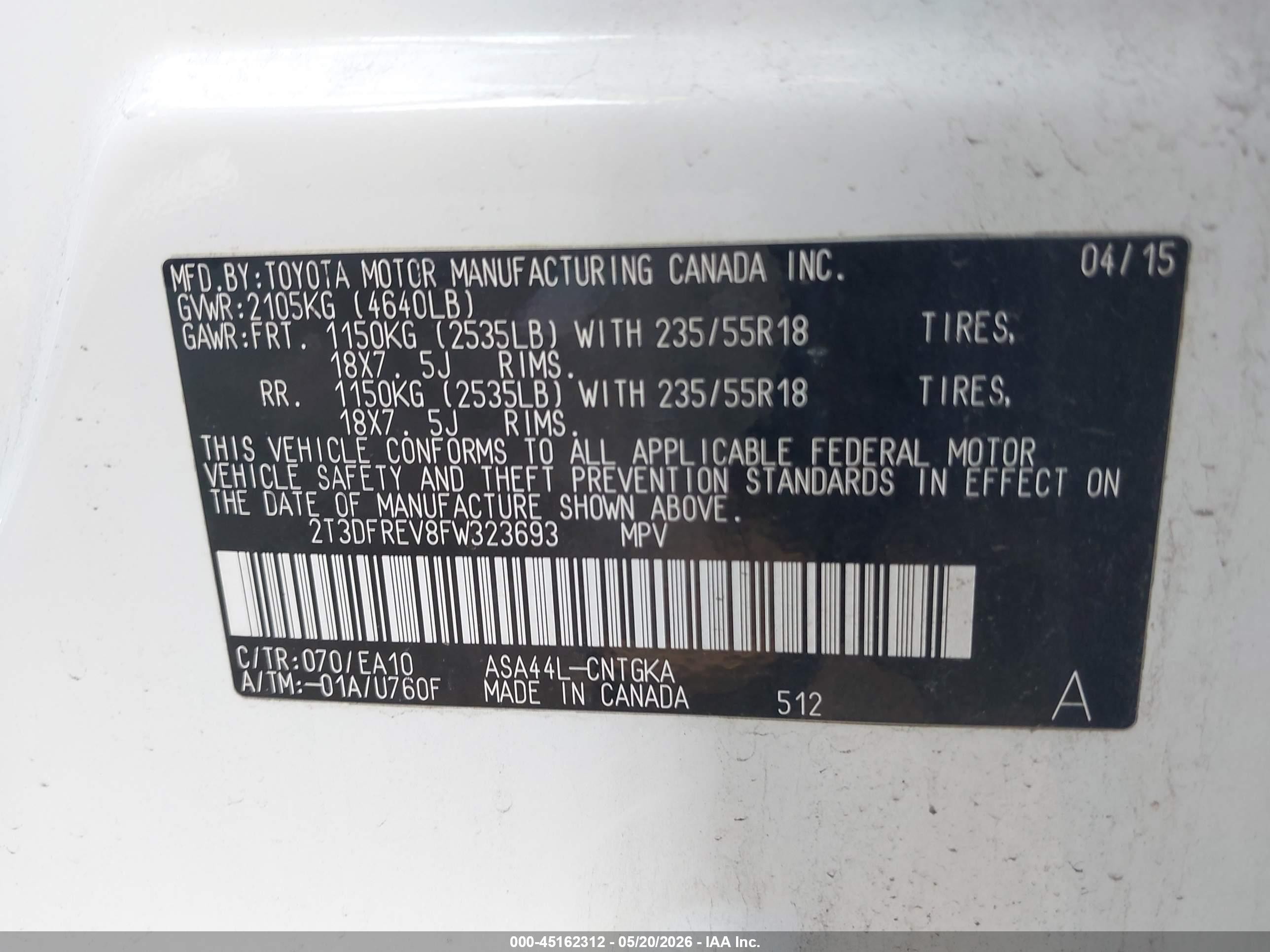 2015 Toyota Rav4 Limited White vin: 2T3DFREV8FW323693