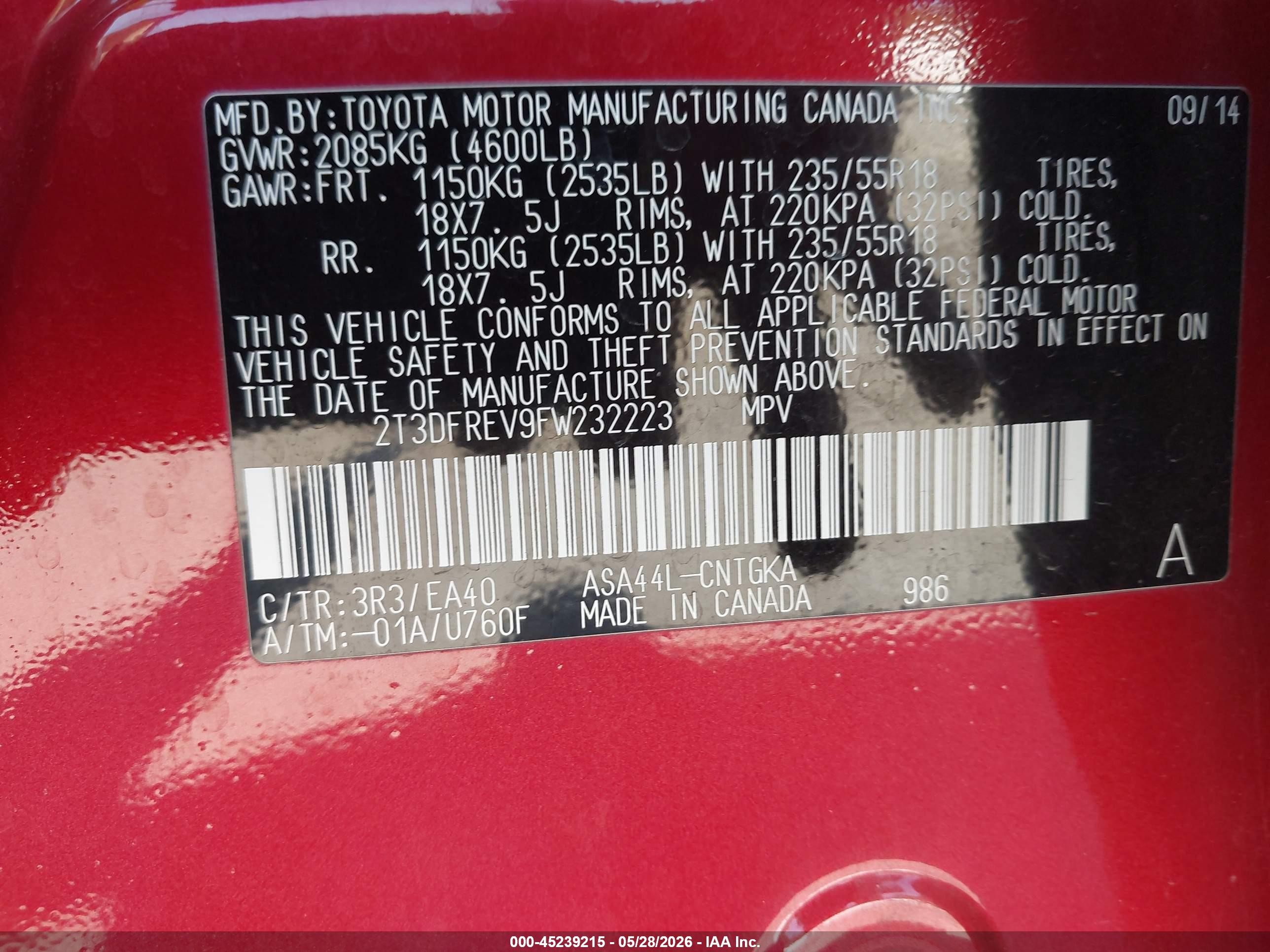 2015 Toyota Rav4 Limited Red vin: 2T3DFREV9FW232223