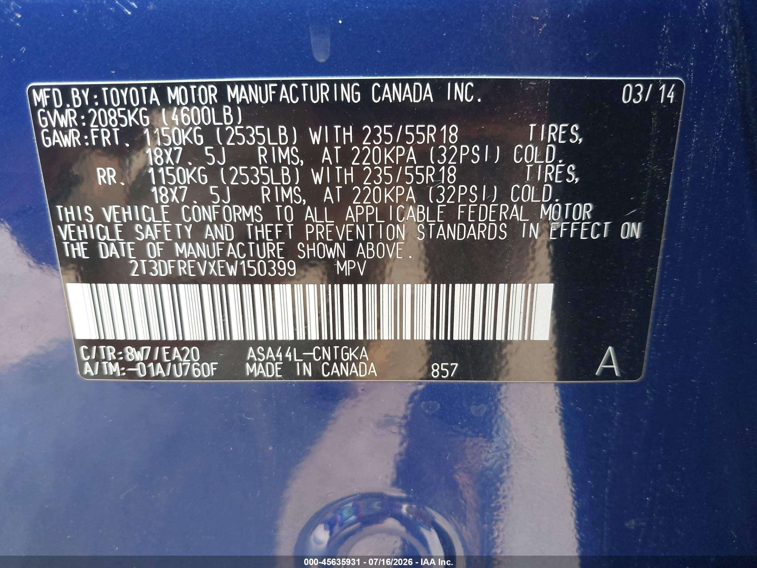 2014 Toyota Rav4 Limited Blue vin: 2T3DFREVXEW150399