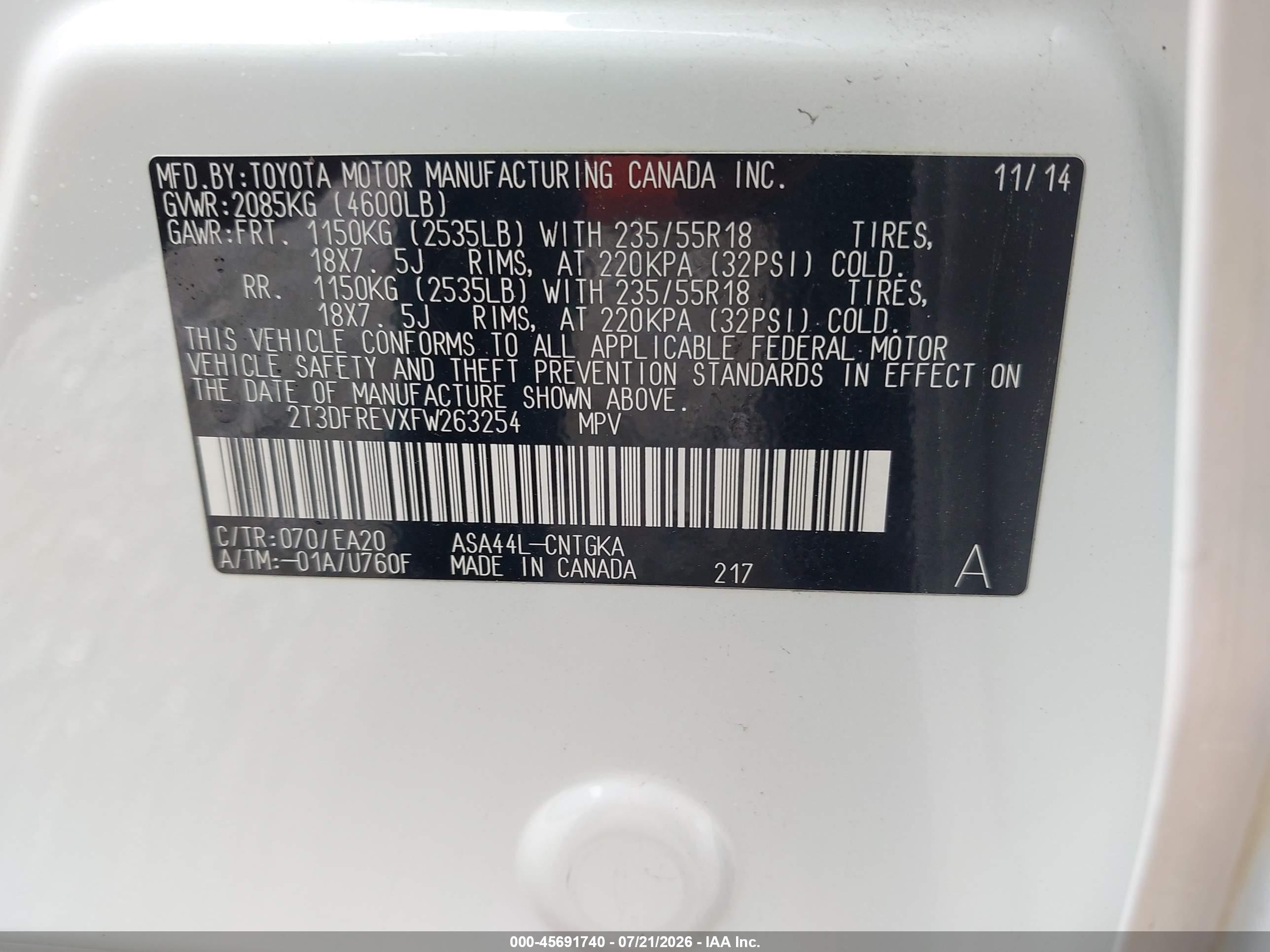 2015 Toyota Rav4 Limited White vin: 2T3DFREVXFW263254