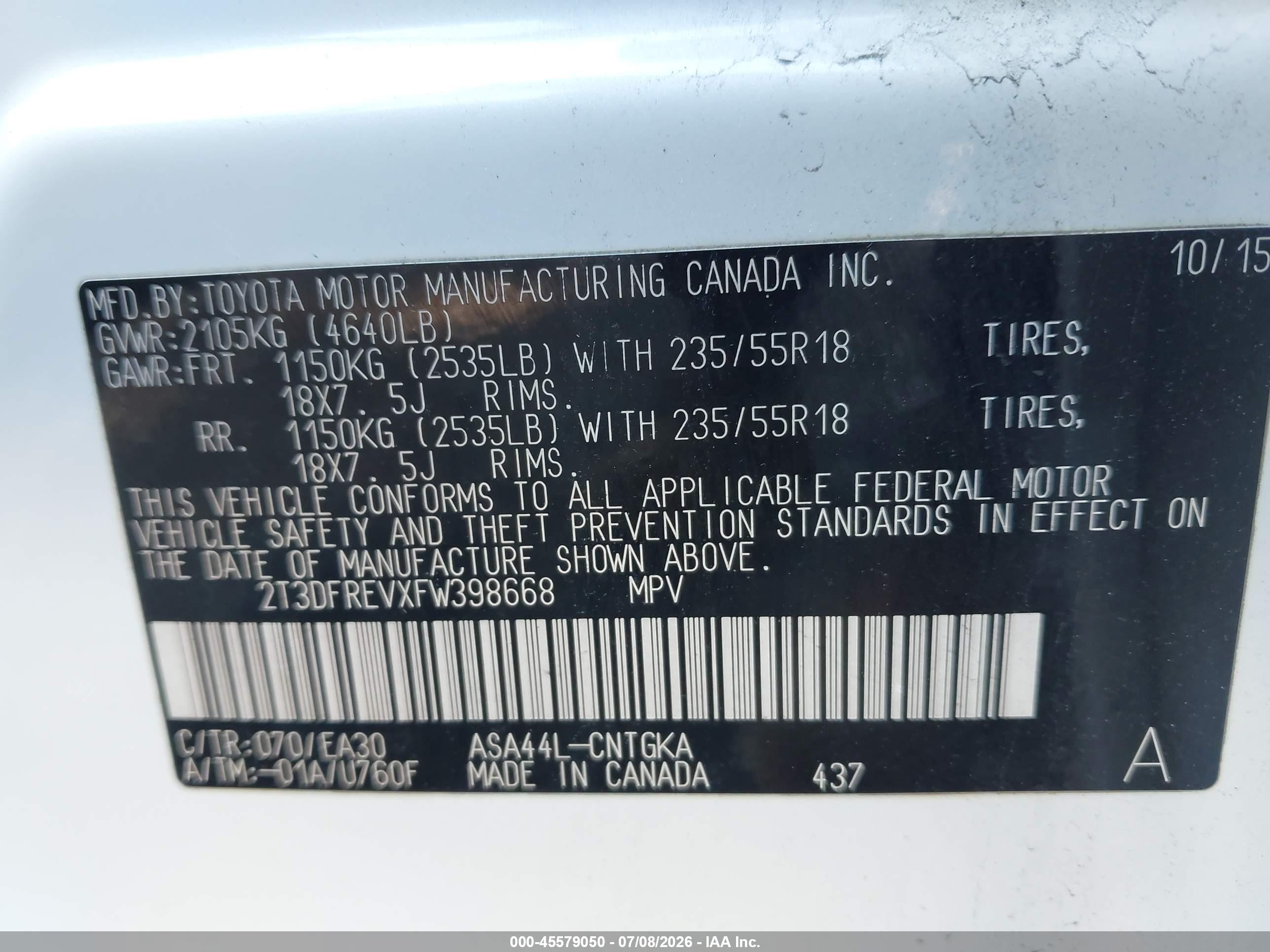 2015 Toyota Rav4 Limited Белый vin: 2T3DFREVXFW398668