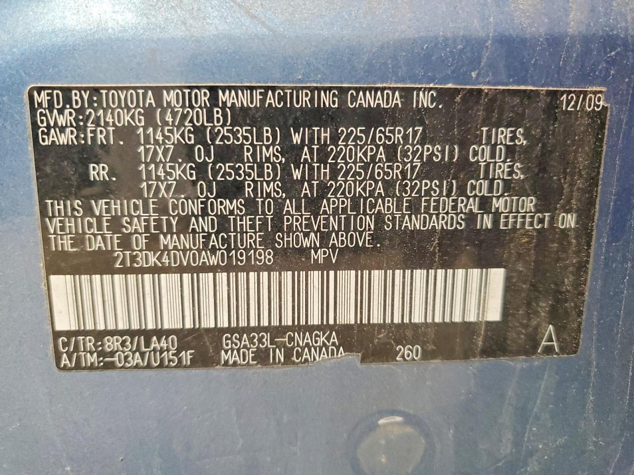 2010 Toyota Rav4 Limited Blue vin: 2T3DK4DV0AW019198