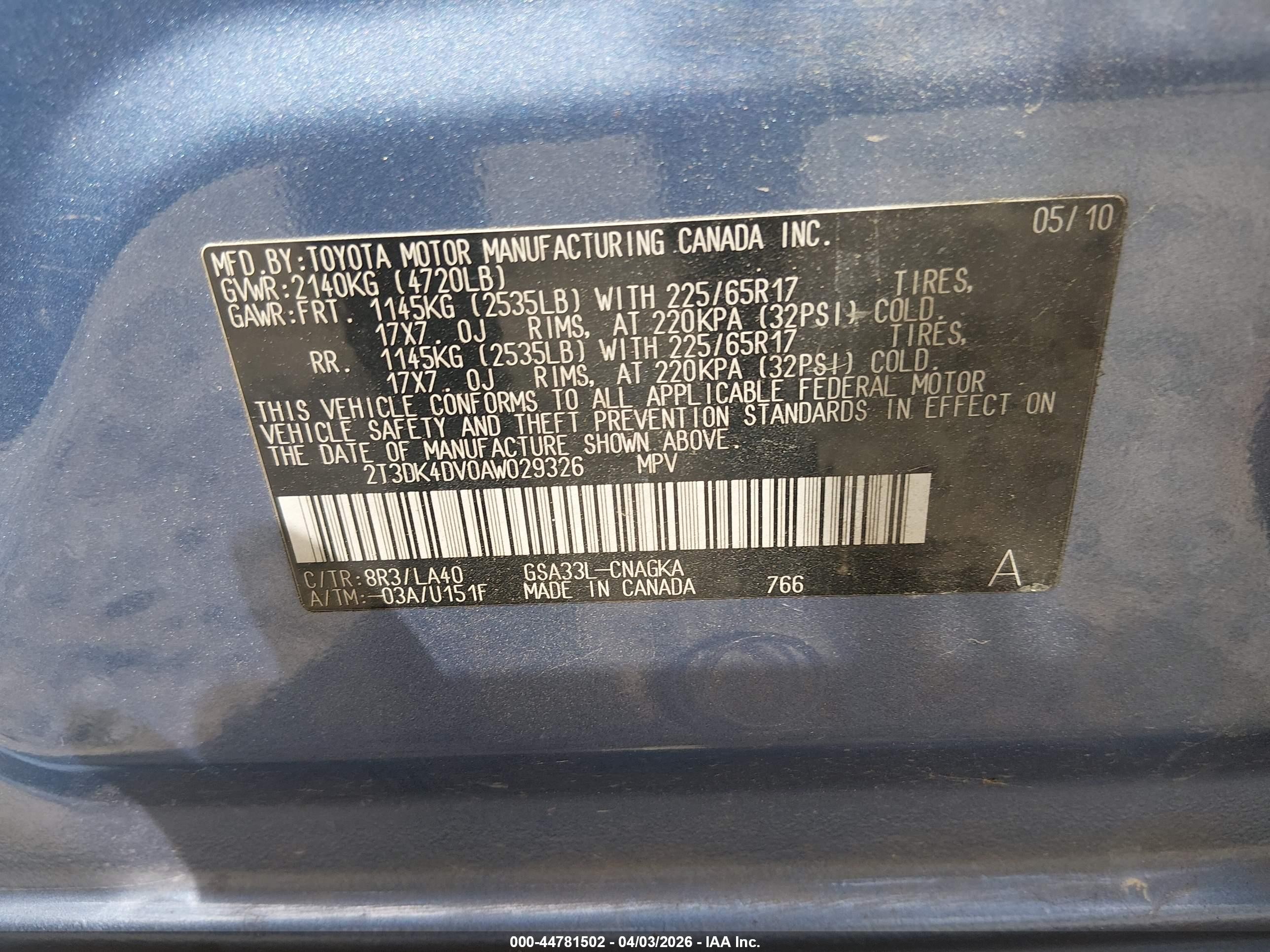2010 Toyota Rav4 Limited V6 Blue vin: 2T3DK4DV0AW029326