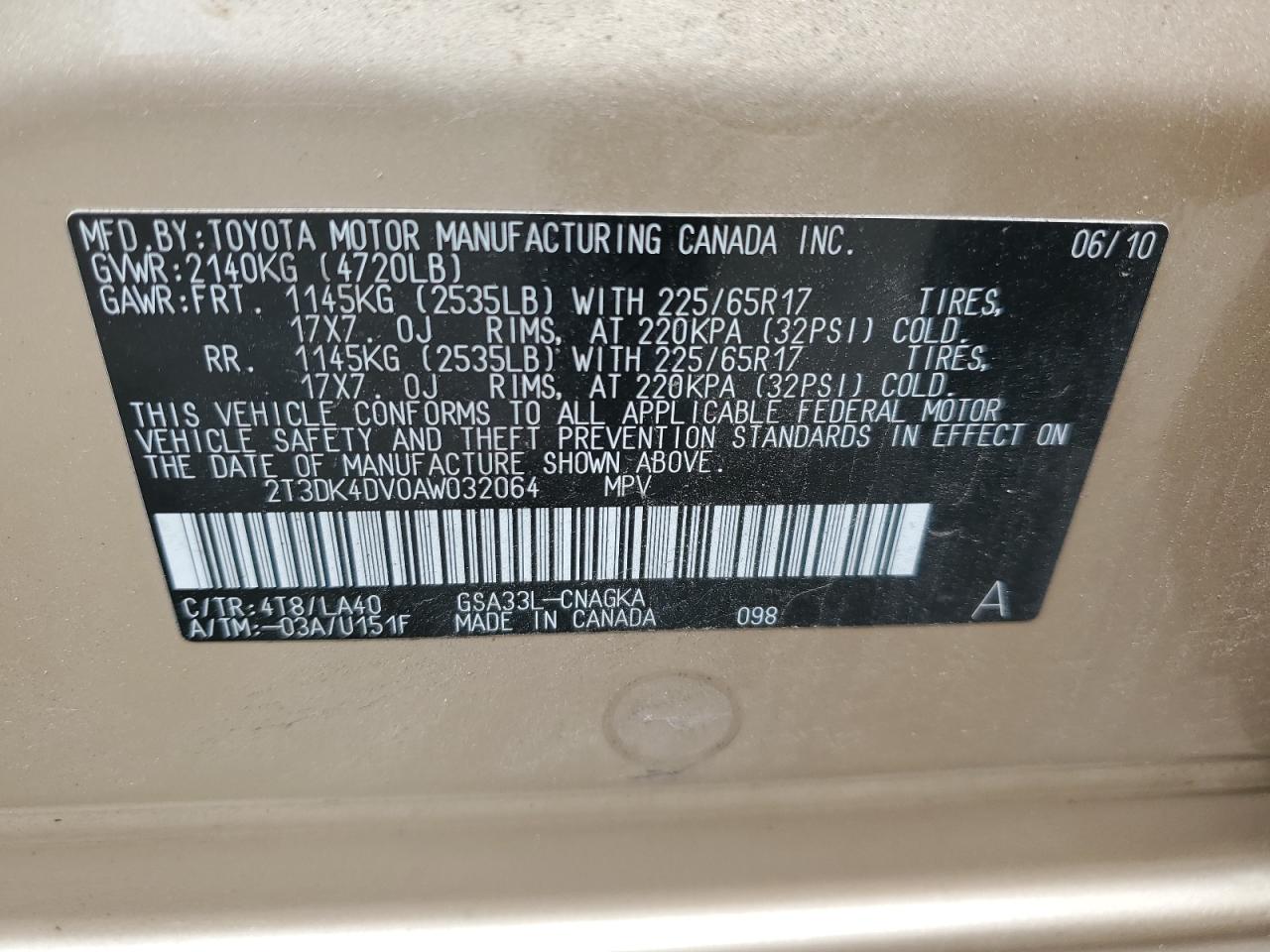 2010 Toyota Rav4 Limited Gold vin: 2T3DK4DV0AW032064
