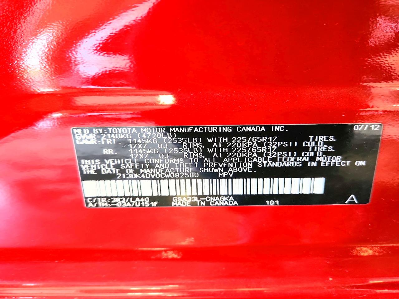 2012 Toyota Rav4 Limited Red vin: 2T3DK4DV0CW082580