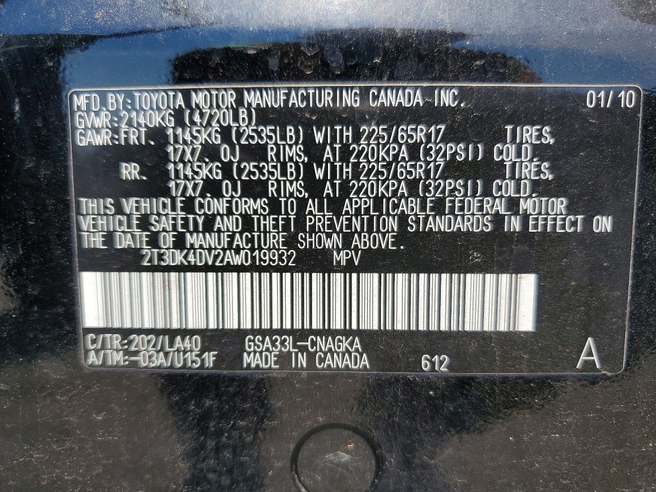 2010 Toyota Rav4 Limited Black vin: 2T3DK4DV2AW019932