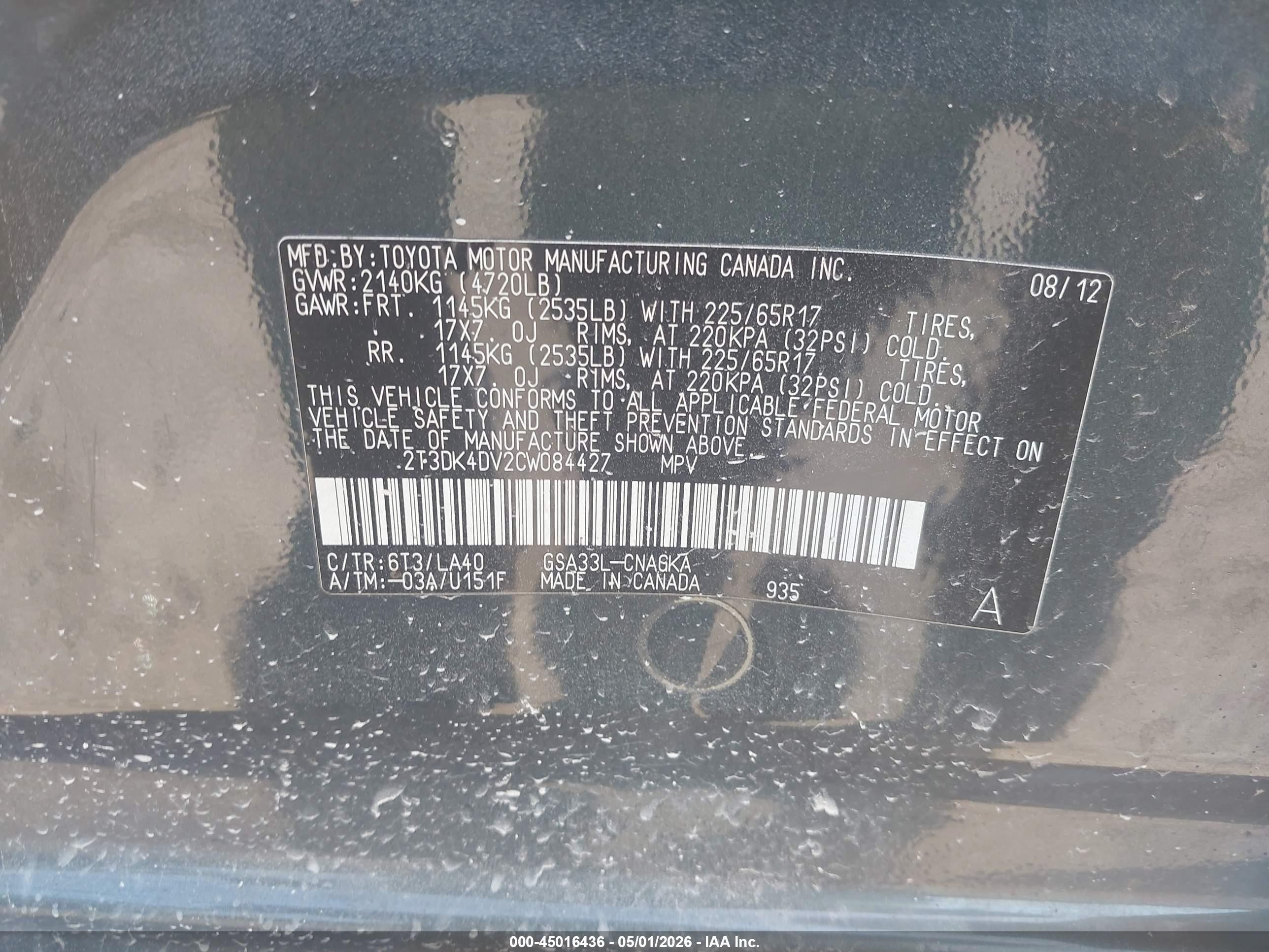 2012 Toyota Rav4 Limited V6 Green vin: 2T3DK4DV2CW084427