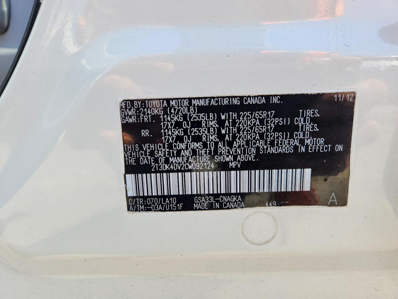2012 Toyota Rav4 Limited White vin: 2T3DK4DV2CW092124