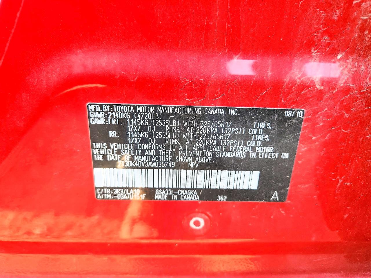 2010 Toyota Rav4 Limited Red vin: 2T3DK4DV3AW035749