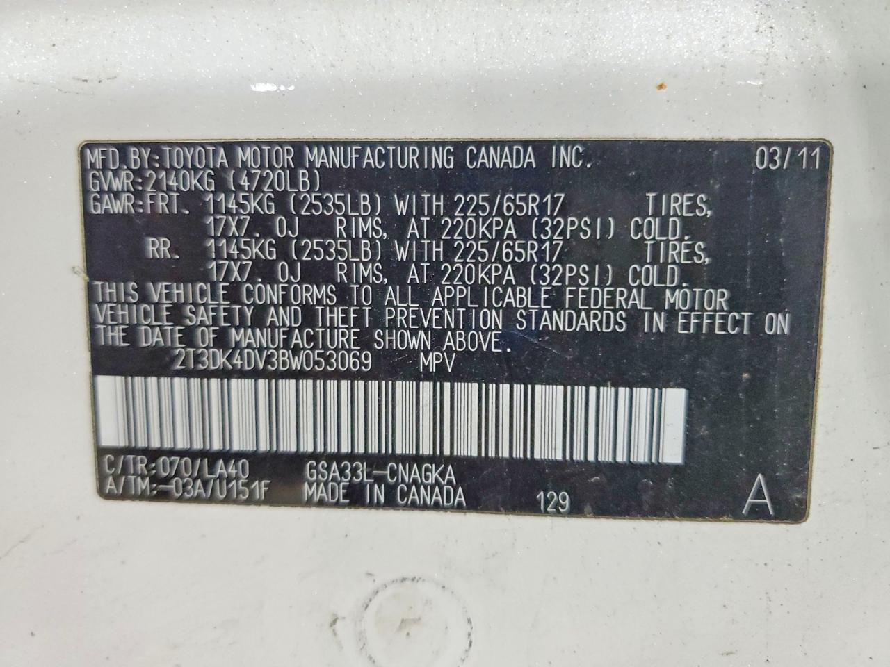 2011 Toyota Rav4 Limited Белый vin: 2T3DK4DV3BW053069