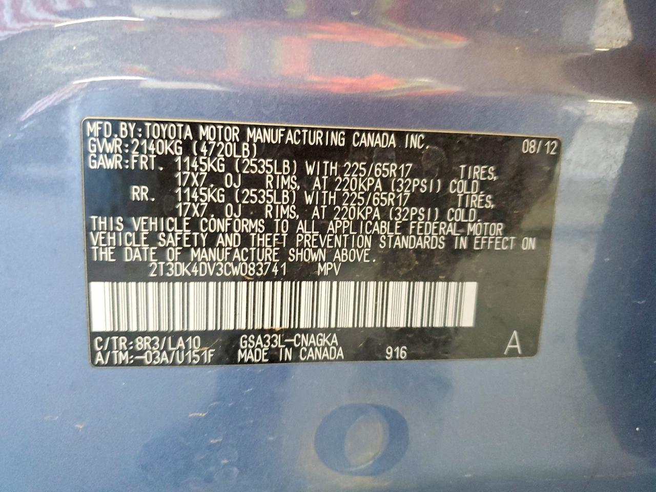 2012 Toyota Rav4 Limited Blue vin: 2T3DK4DV3CW083741