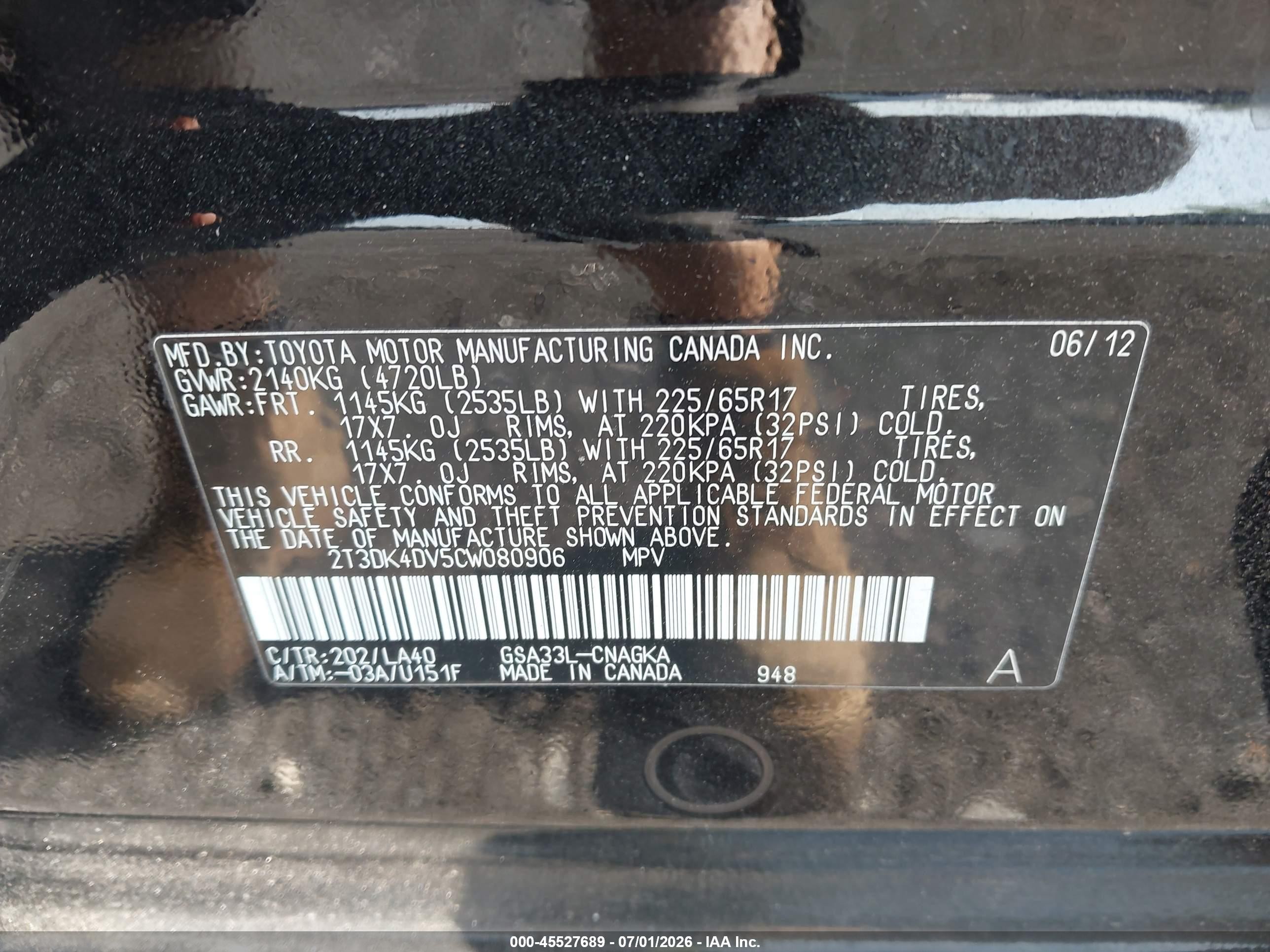 2012 Toyota Rav4 Limited V6 Black vin: 2T3DK4DV5CW080906