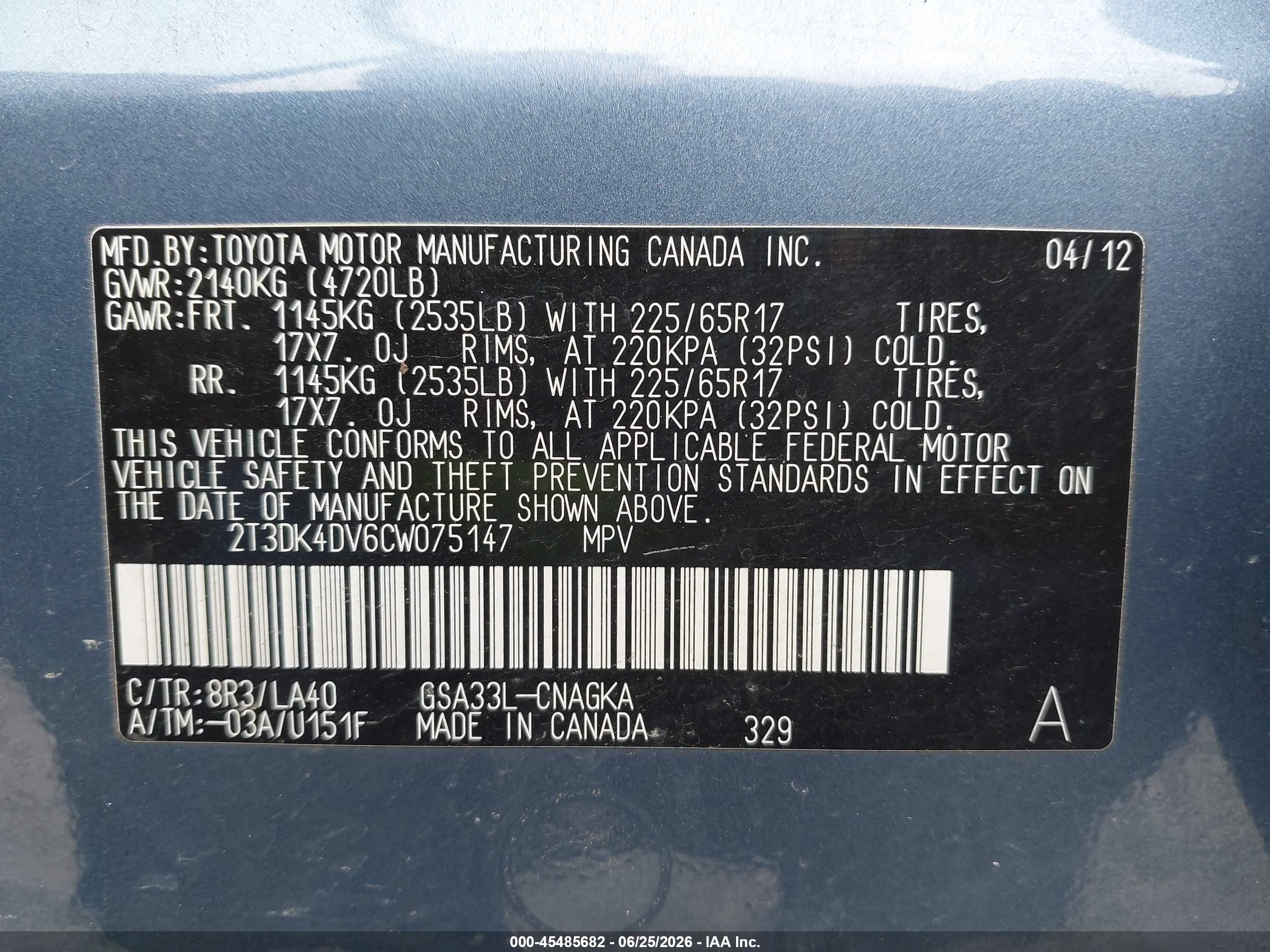 2012 Toyota Rav4 Limited V6 Blue vin: 2T3DK4DV6CW075147
