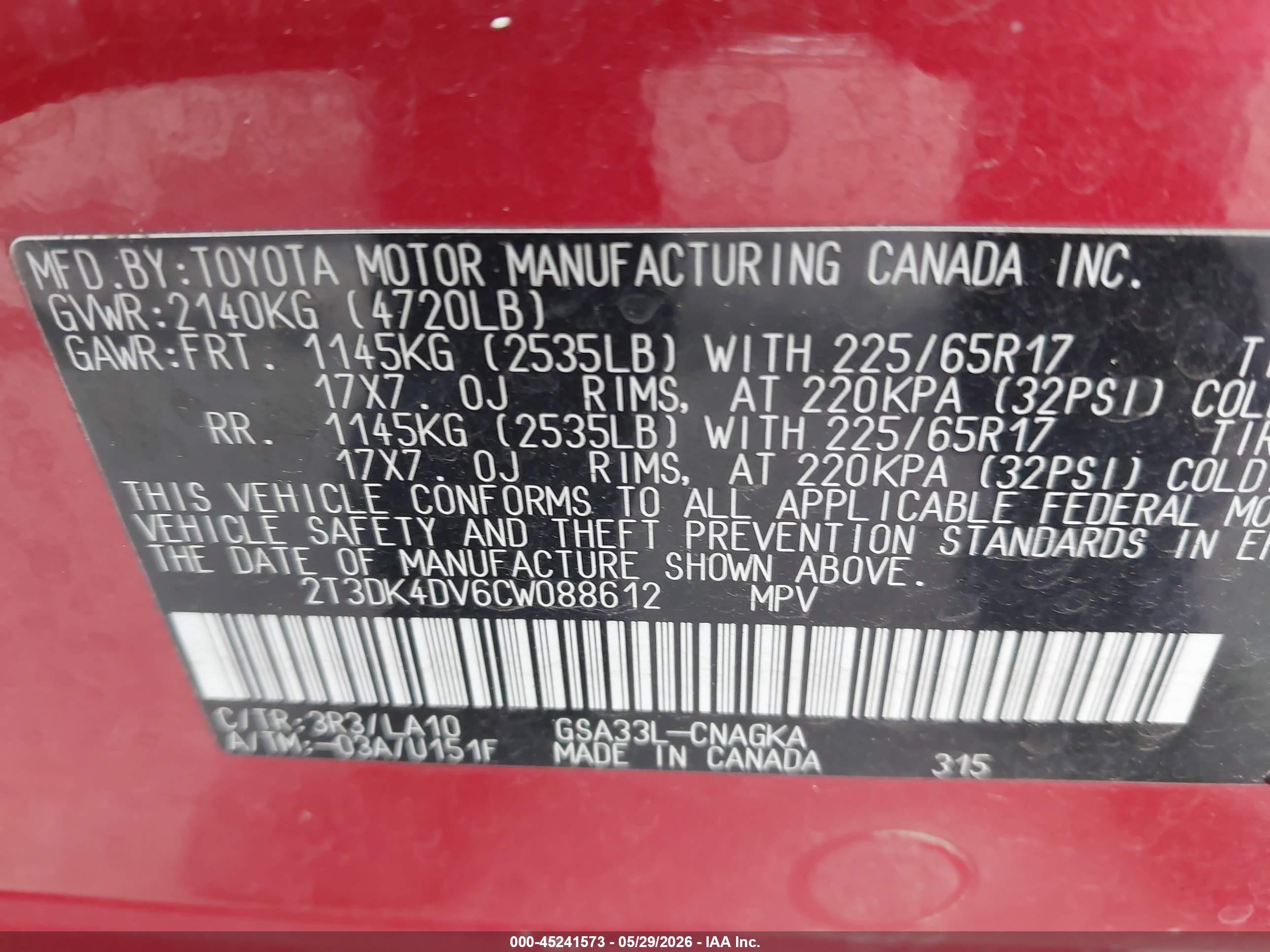 2012 Toyota Rav4 Limited V6 Красный vin: 2T3DK4DV6CW088612