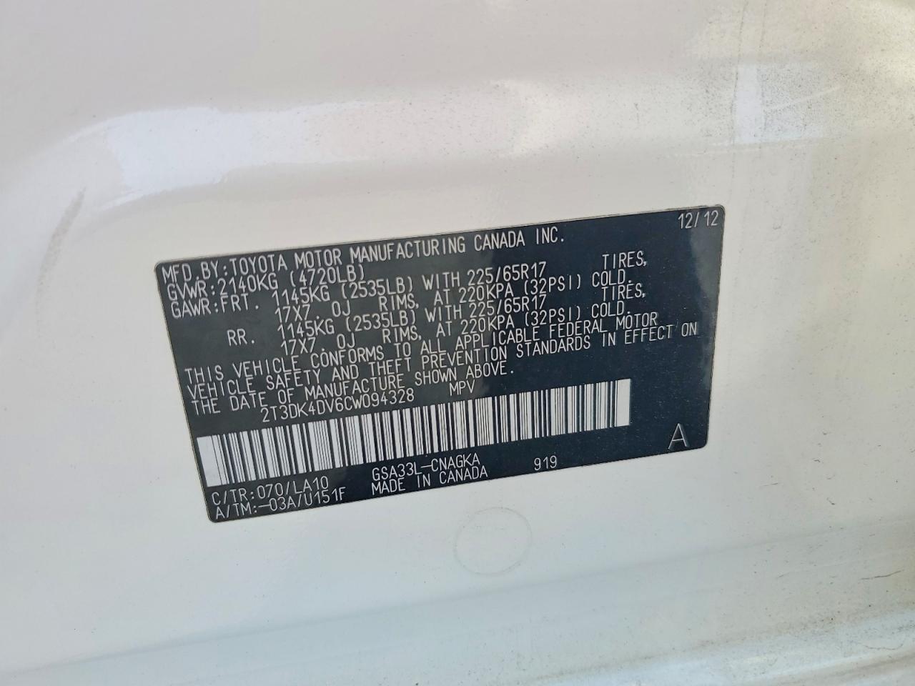2012 Toyota Rav4 Limited White vin: 2T3DK4DV6CW094328