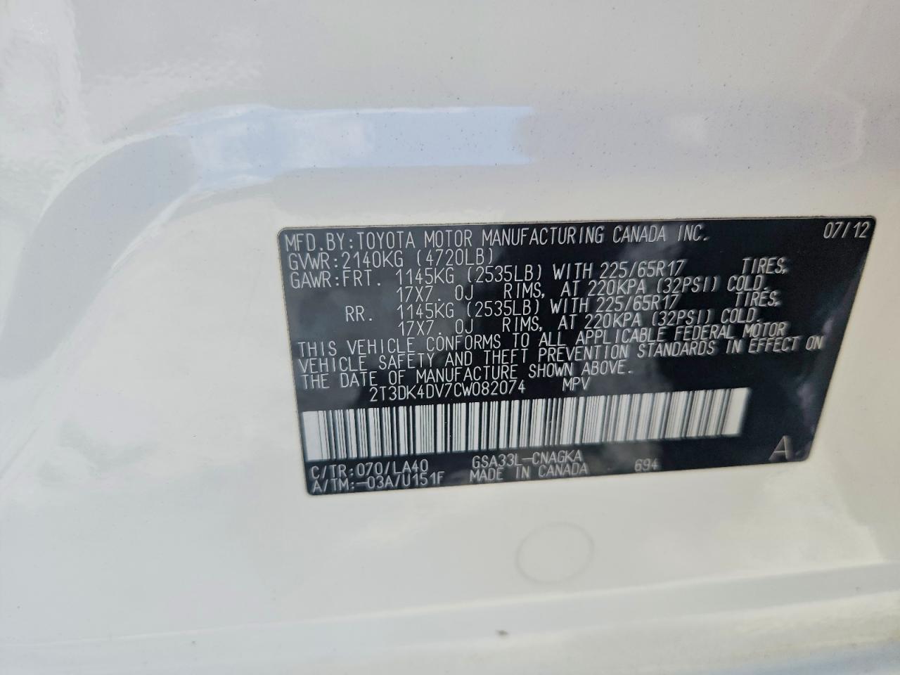 2012 Toyota Rav4 Limited White vin: 2T3DK4DV7CW082074