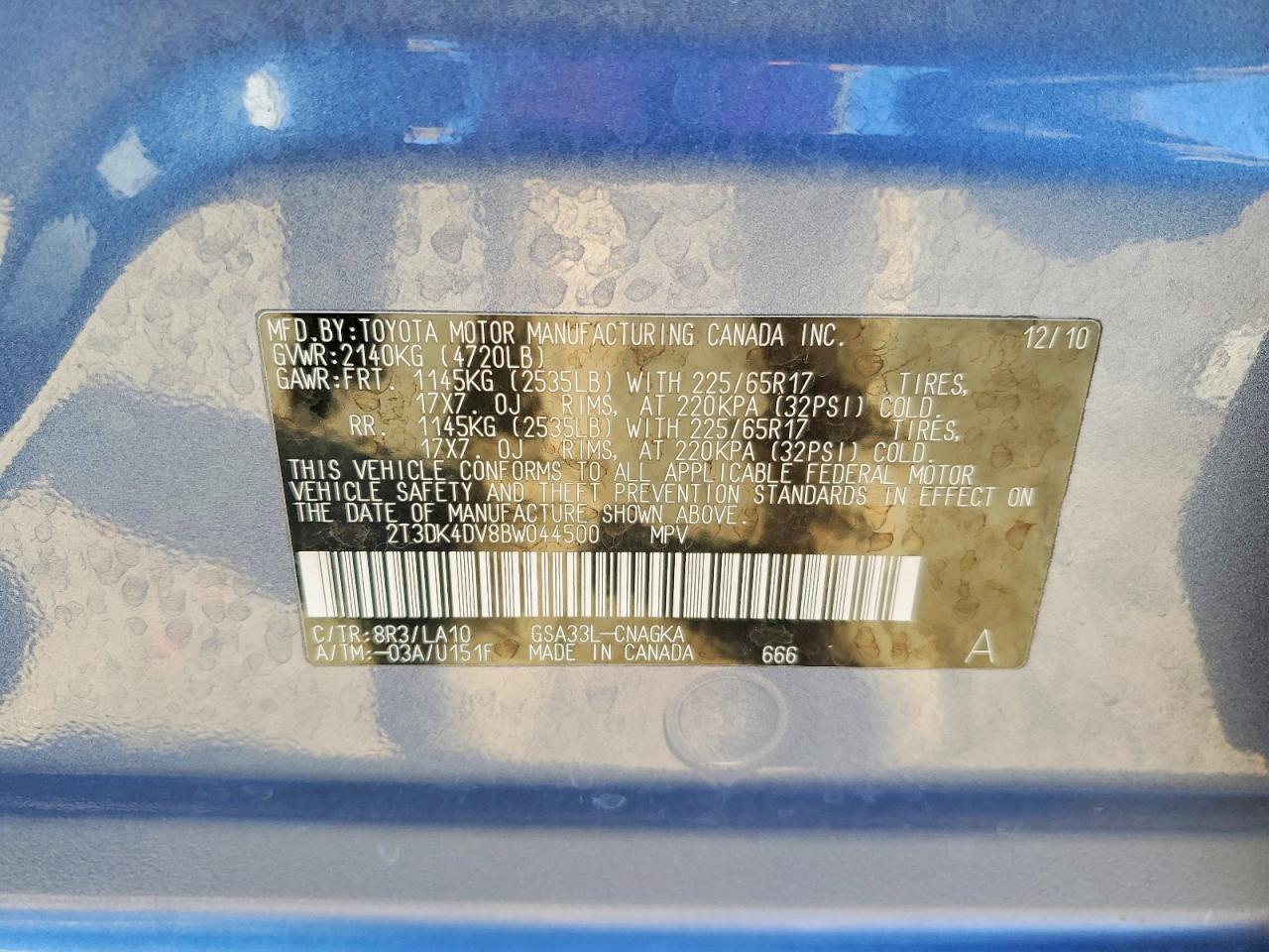 2011 Toyota Rav4 Limited Blue vin: 2T3DK4DV8BW044500