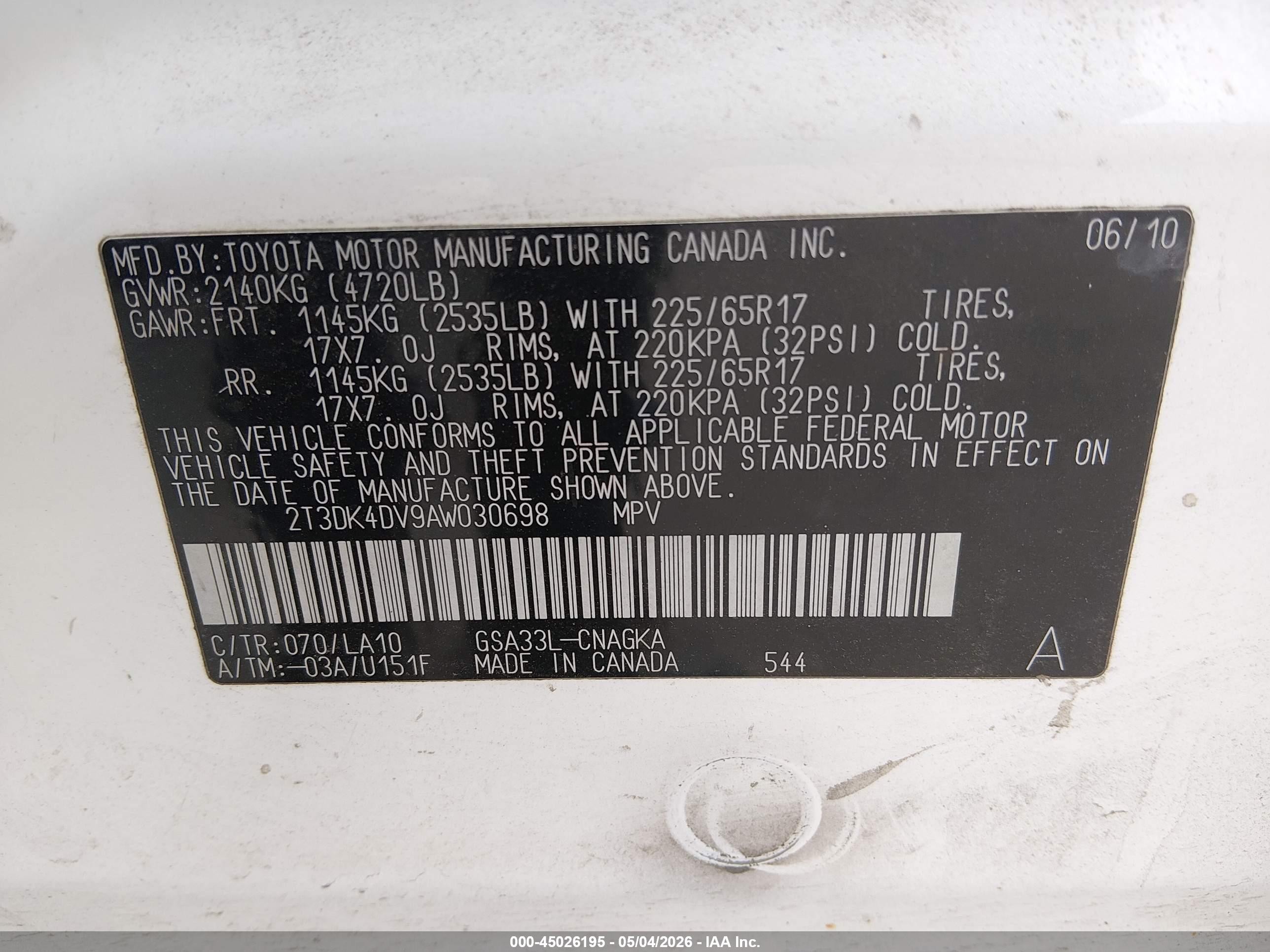 2010 Toyota Rav4 Limited V6 White vin: 2T3DK4DV9AW030698