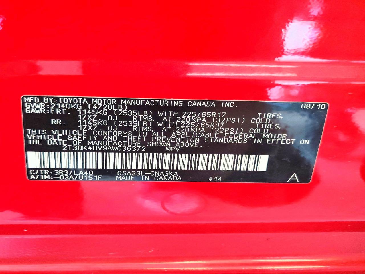 2010 Toyota Rav4 Limited Red vin: 2T3DK4DV9AW036372