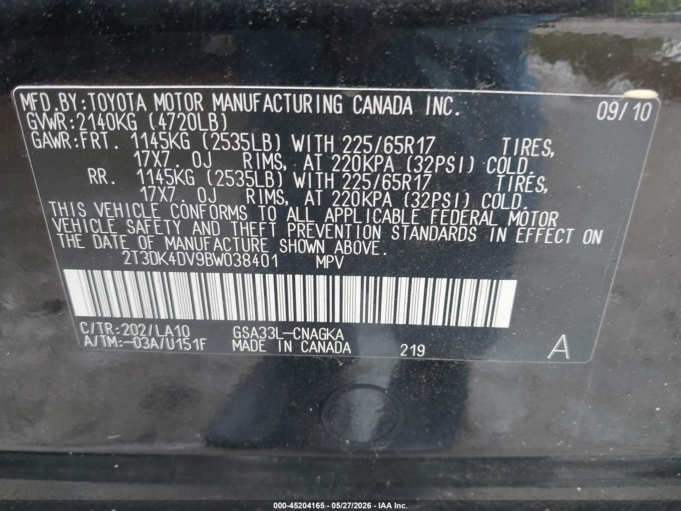 2011 Toyota Rav4 Limited V6 Black vin: 2T3DK4DV9BW038401