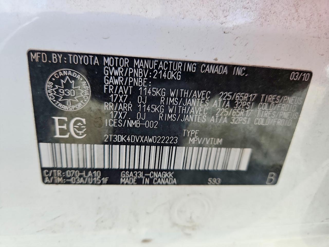 2010 Toyota Rav4 Limited White vin: 2T3DK4DVXAW022223