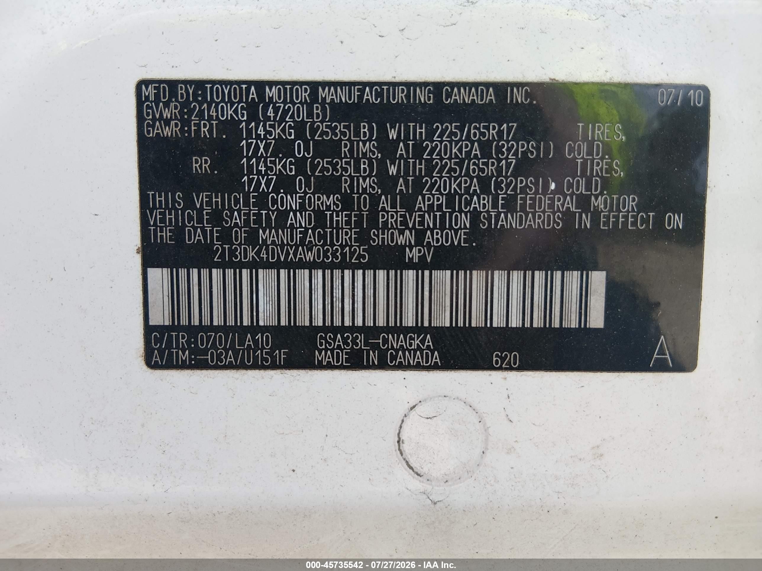 2010 Toyota Rav4 Limited V6 White vin: 2T3DK4DVXAW033125