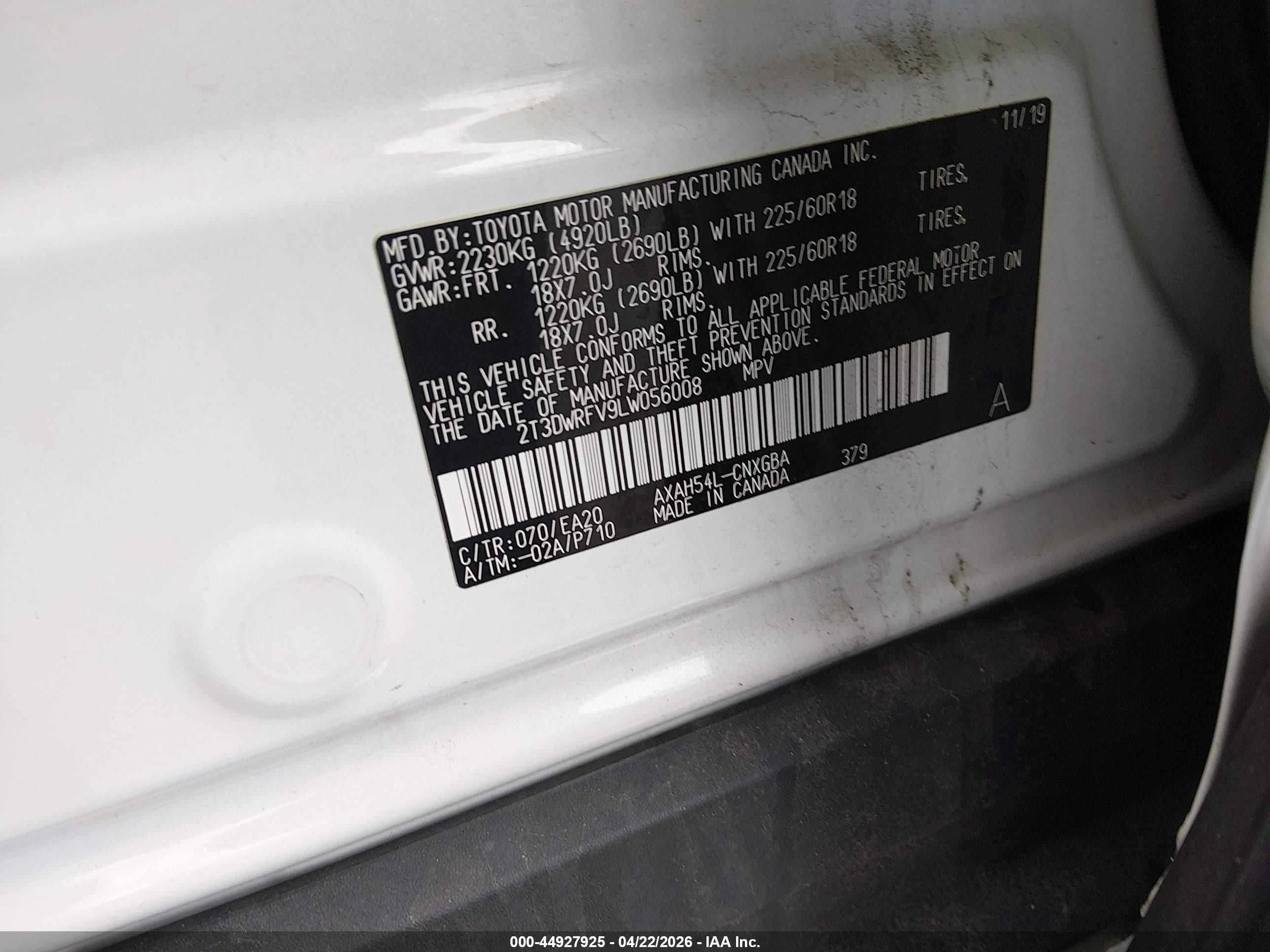 2020 Toyota Rav4 Hybrid Limited White vin: 2T3DWRFV9LW056008