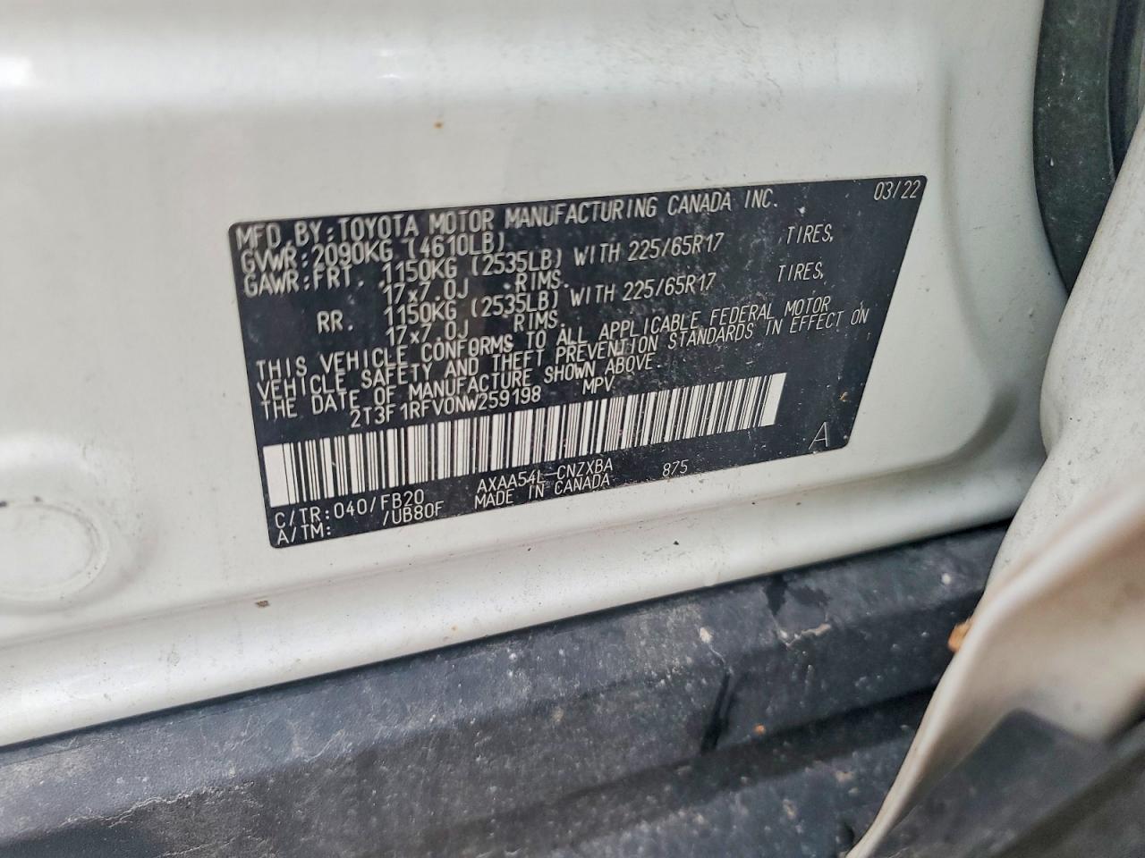 2022 Toyota Rav4 Le White vin: 2T3F1RFV0NW259198