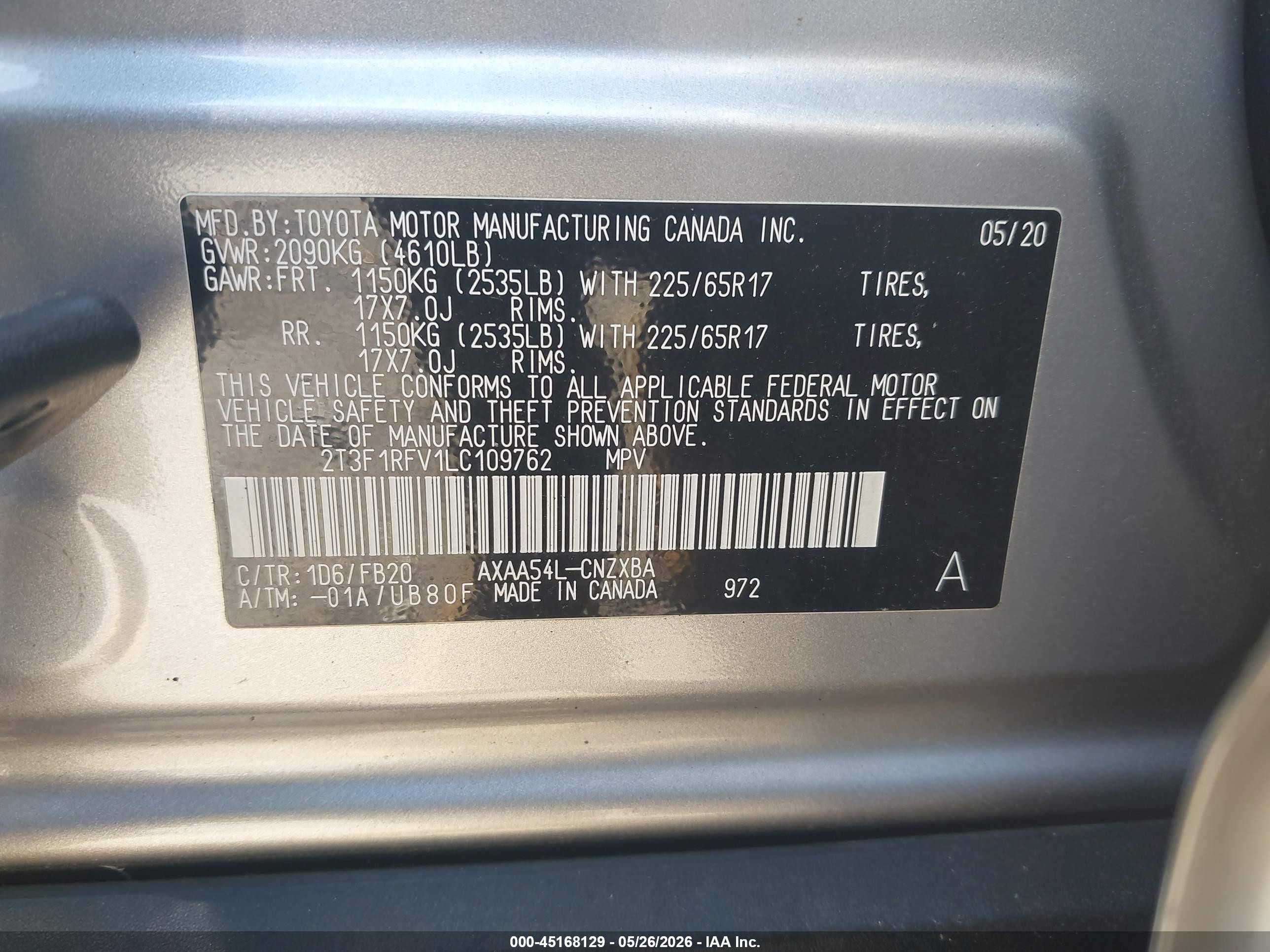 2020 Toyota Rav4 Le Silver vin: 2T3F1RFV1LC109762