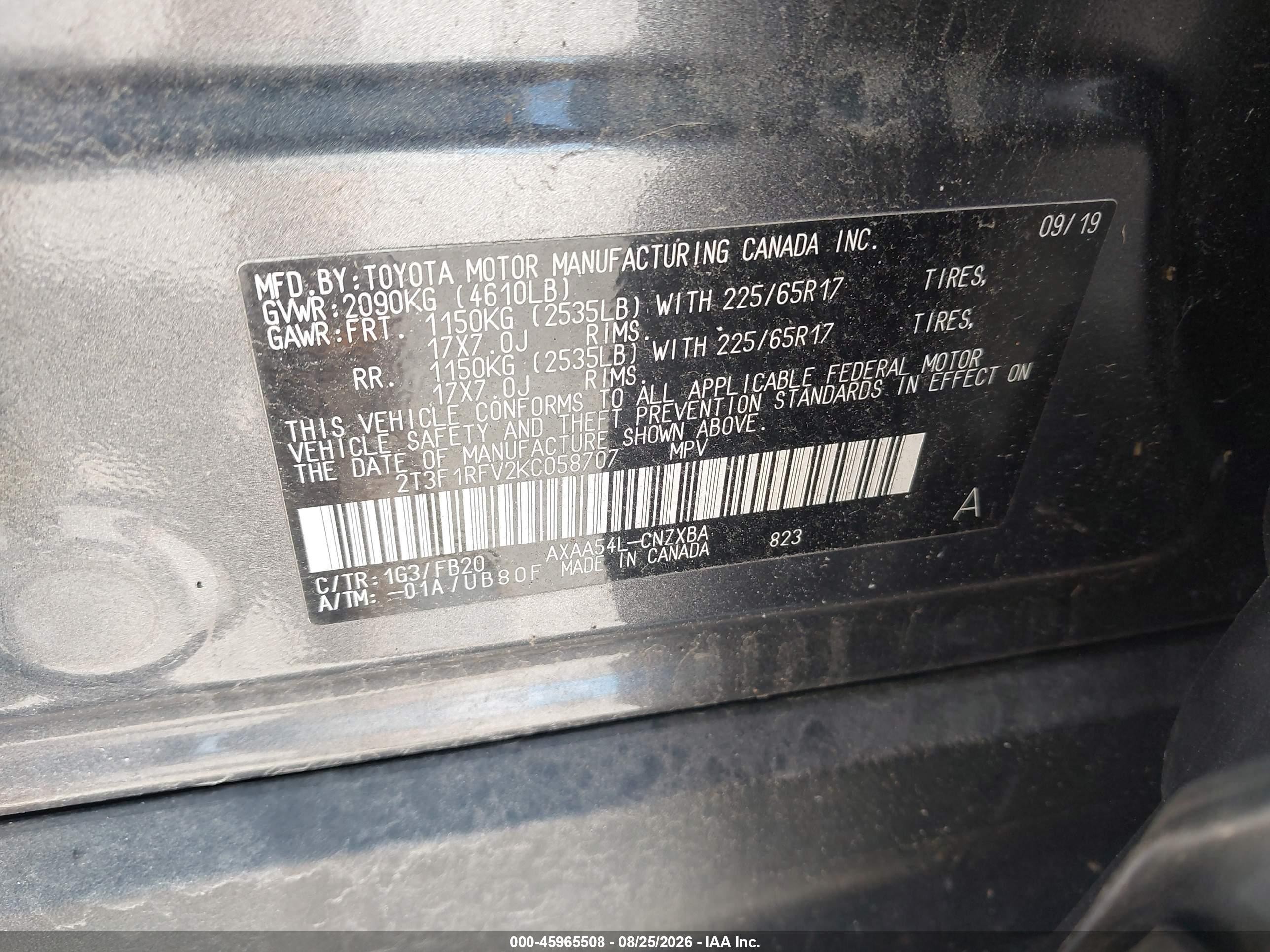 2019 Toyota Rav4 Le Gray vin: 2T3F1RFV2KC058707