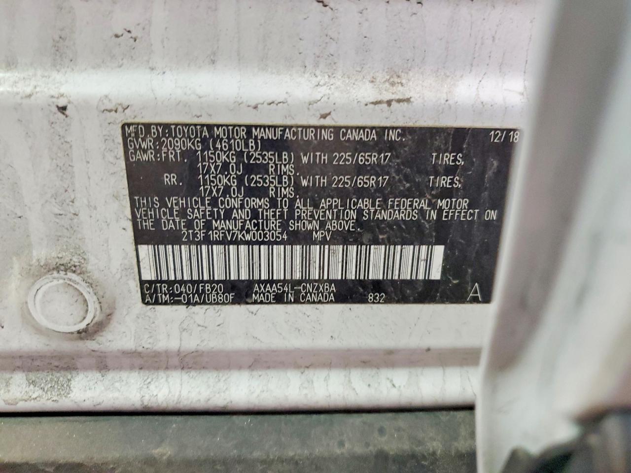 2019 Toyota Rav4 Le White vin: 2T3F1RFV7KW003054
