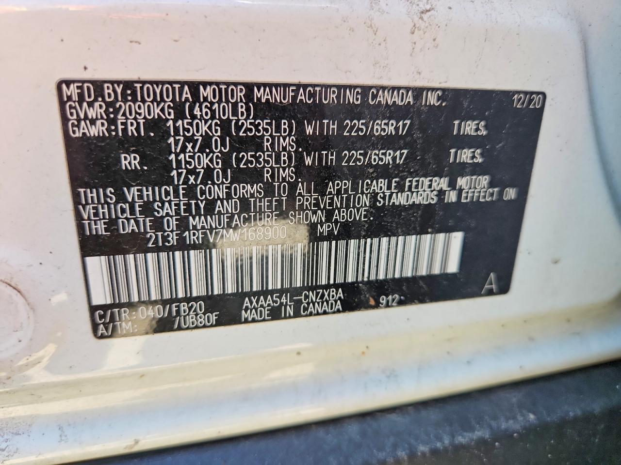 2021 Toyota Rav4 Le White vin: 2T3F1RFV7MW168900