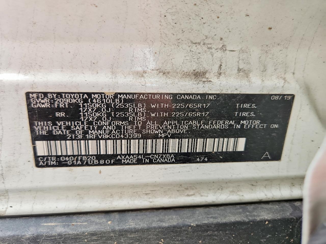 2019 Toyota Rav4 Le White vin: 2T3F1RFV8KC043399