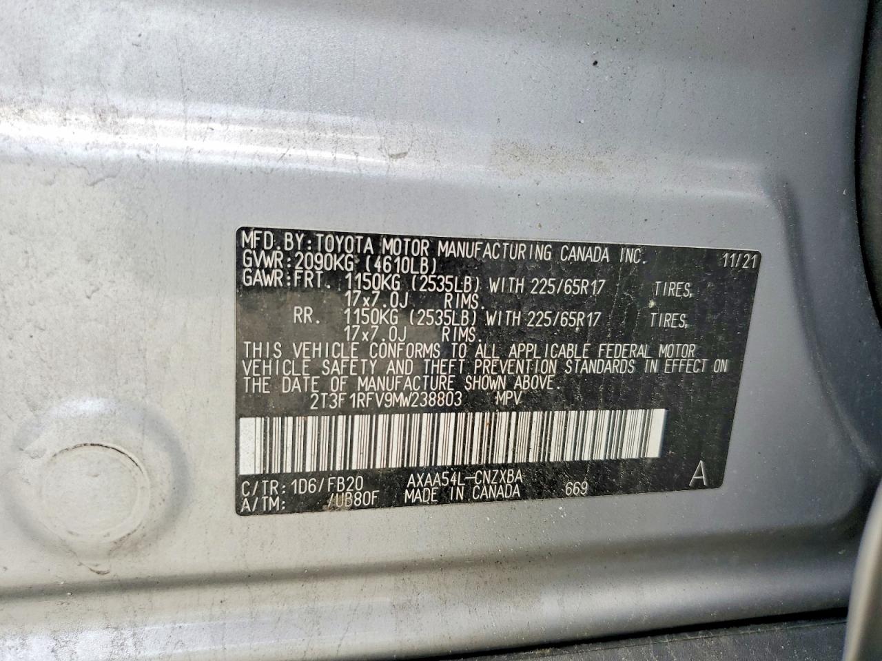2021 Toyota Rav4 Le Silver vin: 2T3F1RFV9MW238803