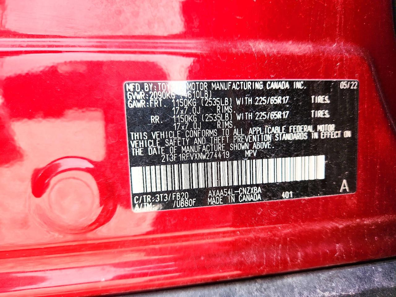 2022 Toyota Rav4 Le Red vin: 2T3F1RFVXNW274419
