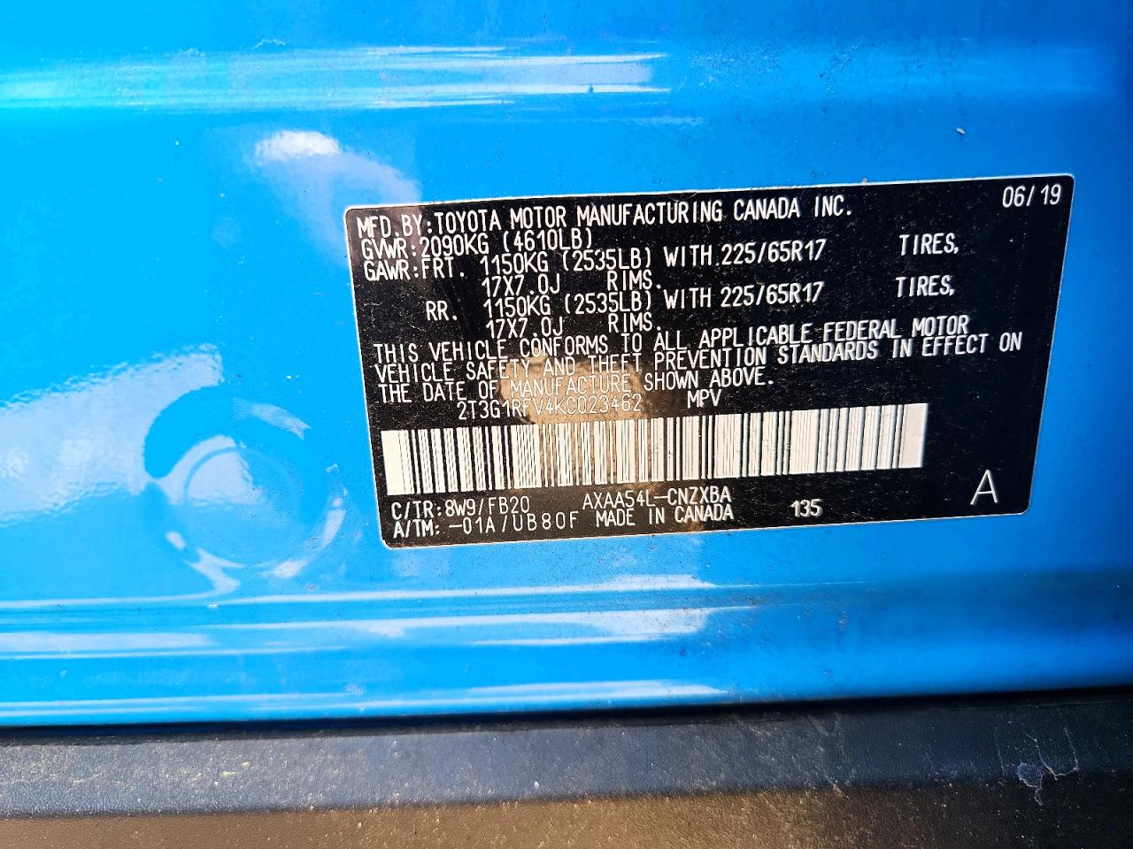 2019 Toyota Rav4 Le Blue vin: 2T3G1RFV4KC023462