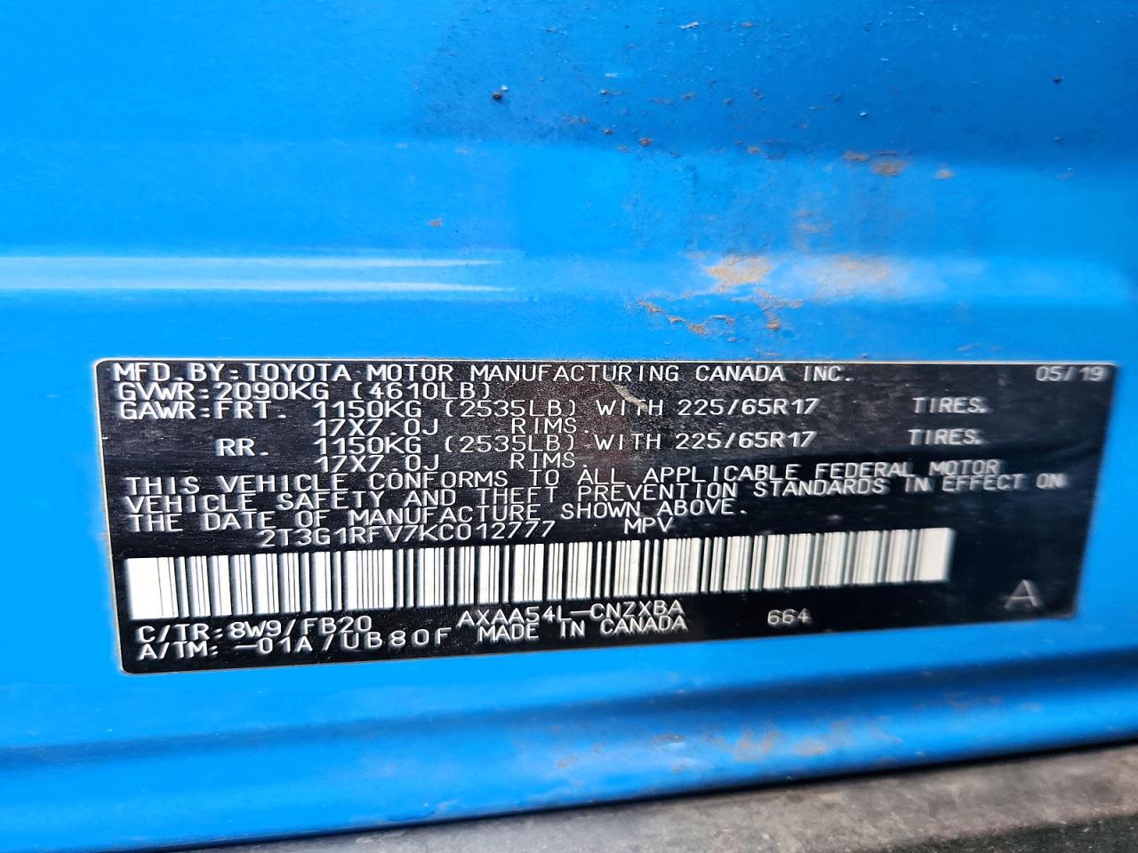 2019 Toyota Rav4 Le Blue vin: 2T3G1RFV7KC012777
