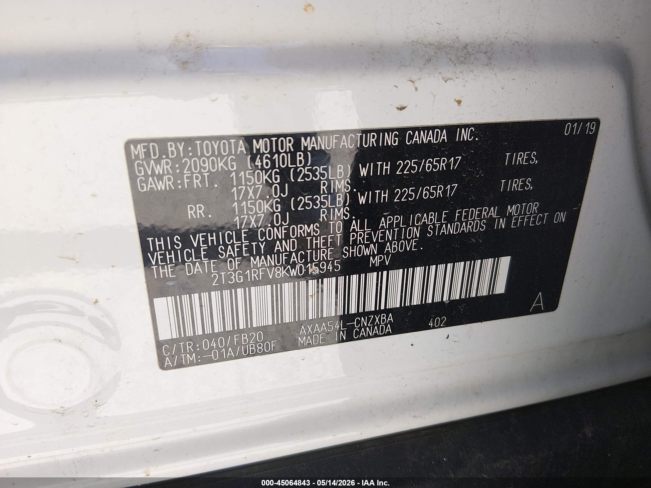 2019 Toyota Rav4 Le Белый vin: 2T3G1RFV8KW015945