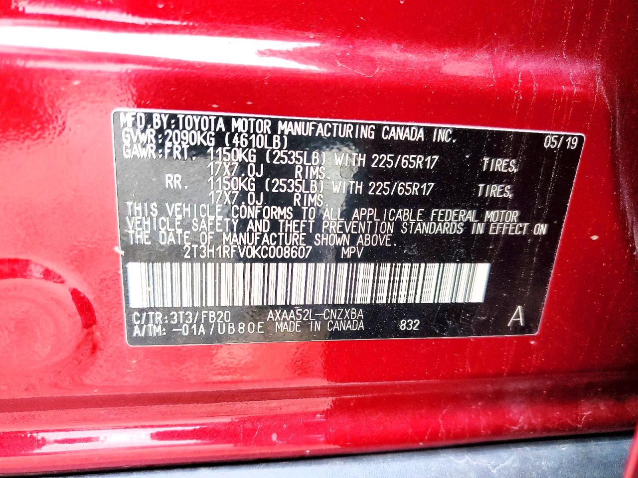 2019 Toyota Rav4 Le Red vin: 2T3H1RFV0KC008607
