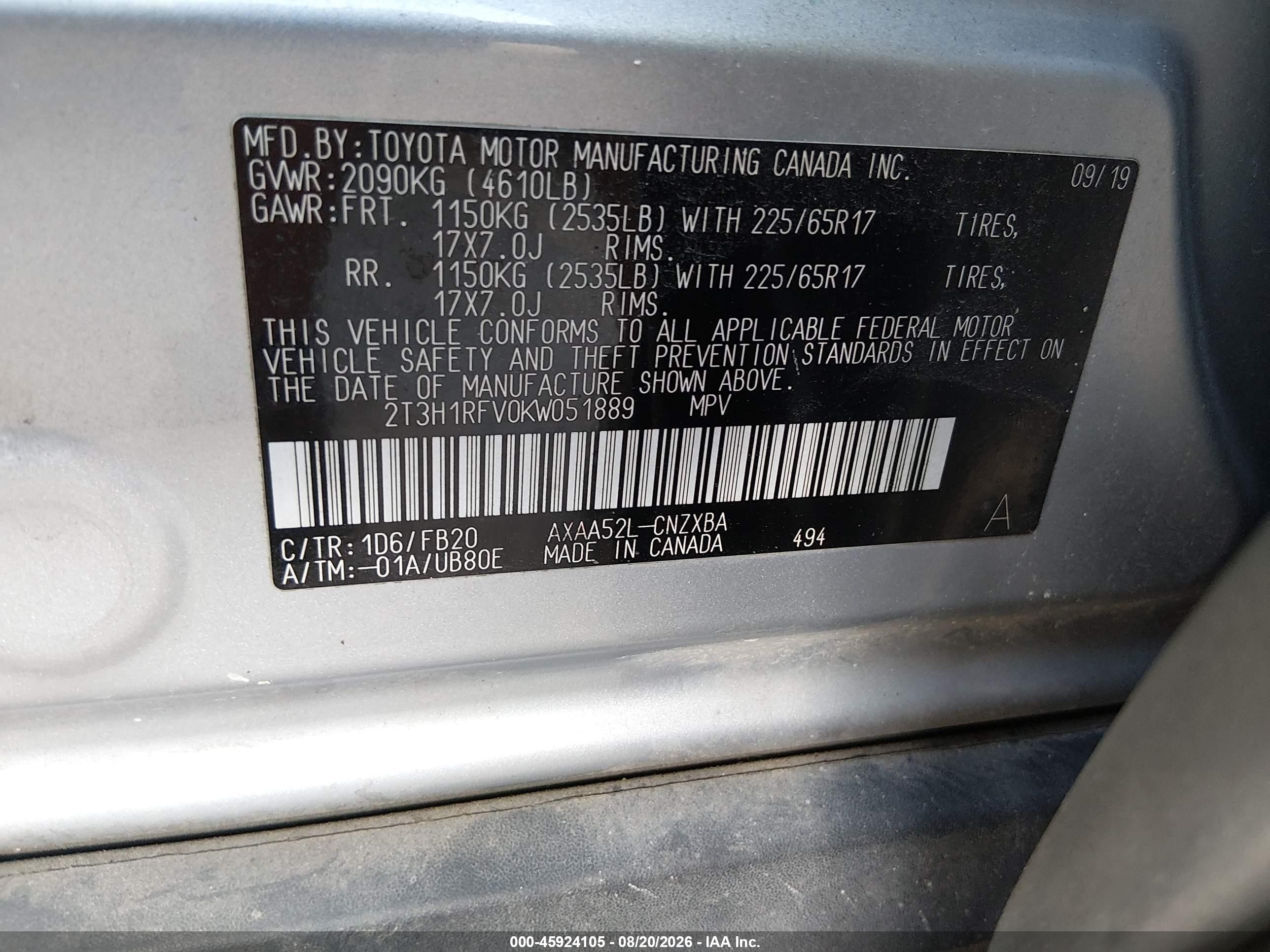 2019 Toyota Rav4 Le Silver vin: 2T3H1RFV0KW051889