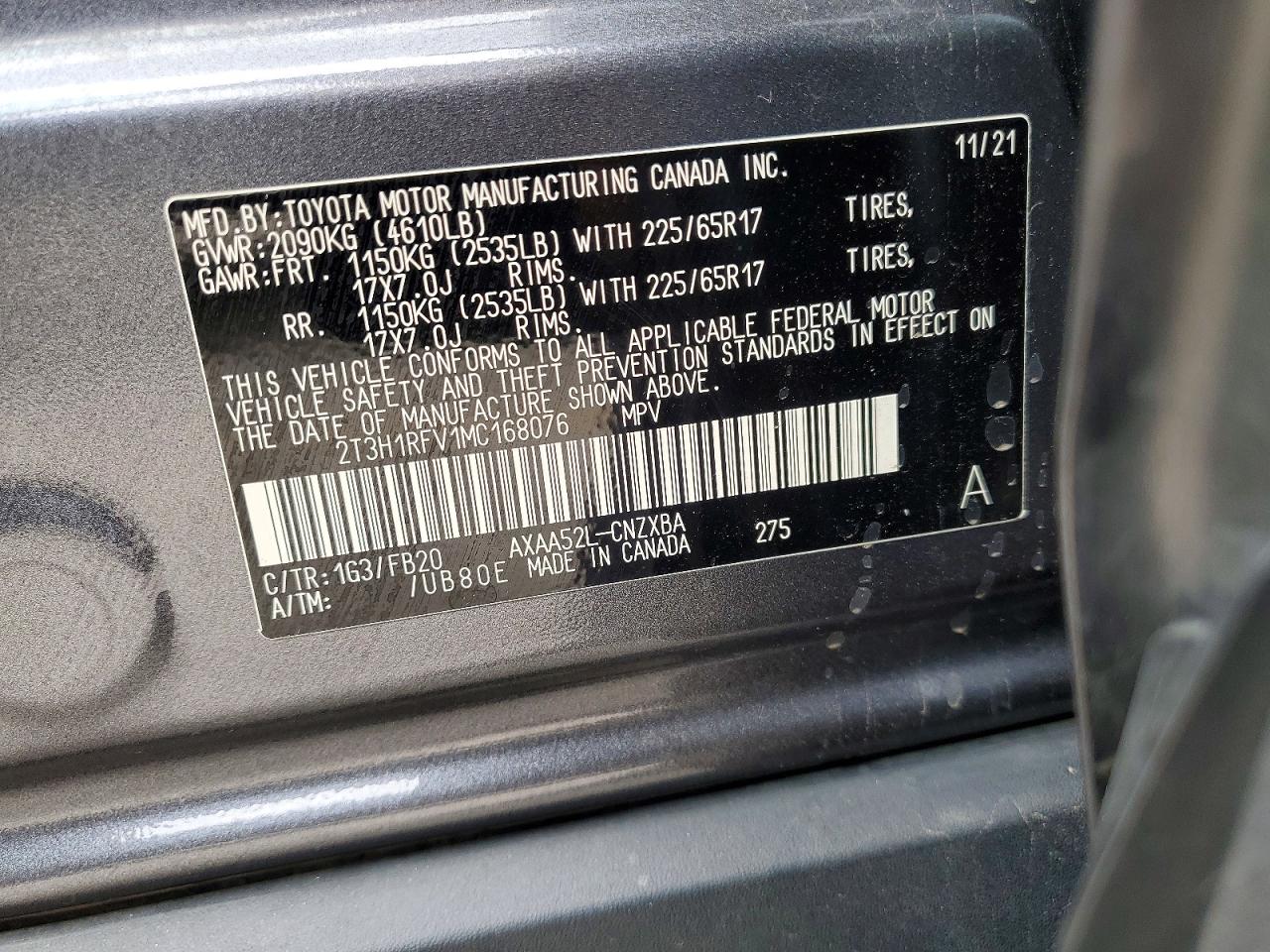2021 Toyota Rav4 Le Charcoal vin: 2T3H1RFV1MC168076