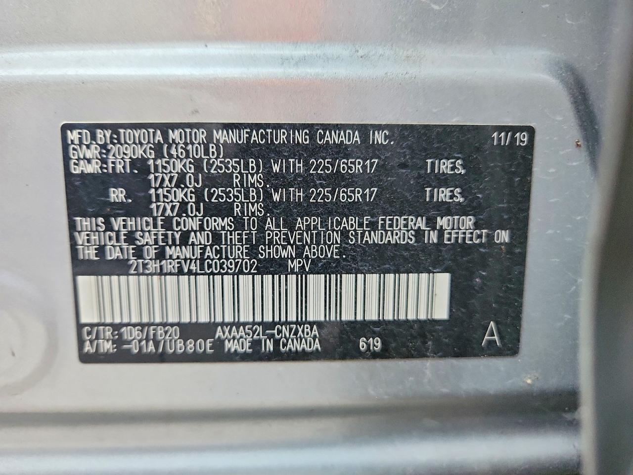 2020 Toyota Rav4 Le Gray vin: 2T3H1RFV4LC039702