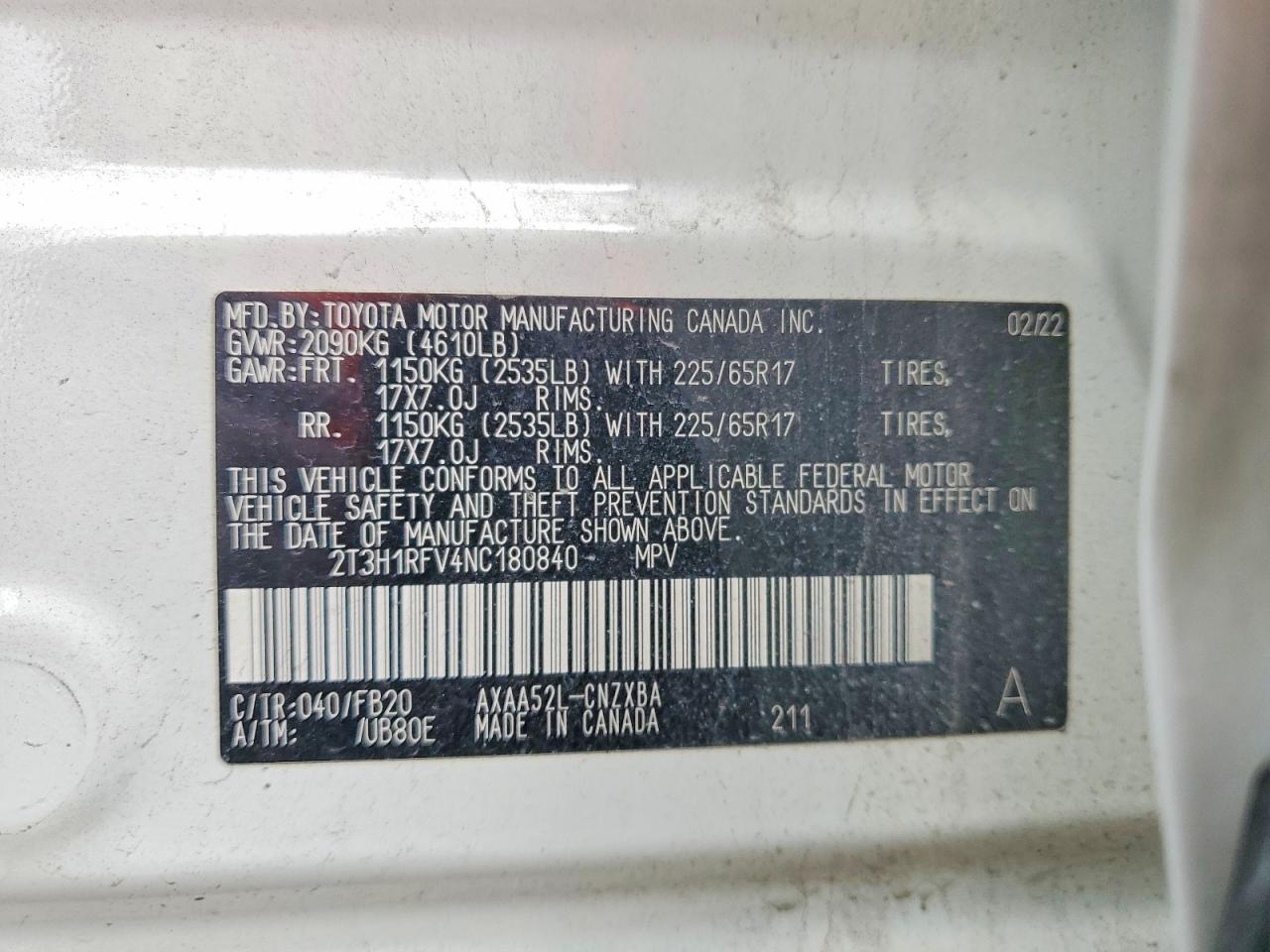 2022 Toyota Rav4 Le White vin: 2T3H1RFV4NC180840